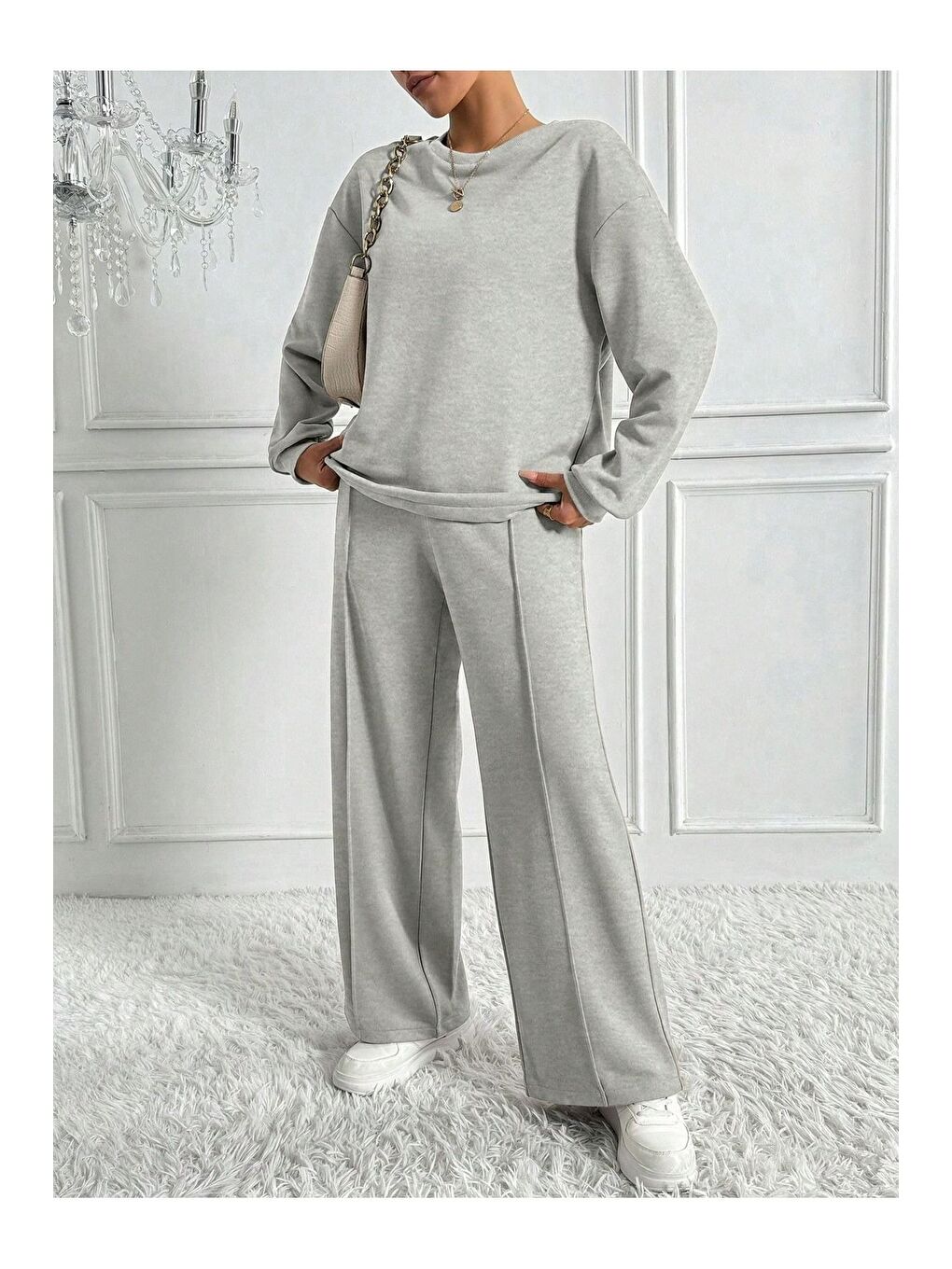Kadın Gri Interlok Kumaş Alt Üst Takım-3