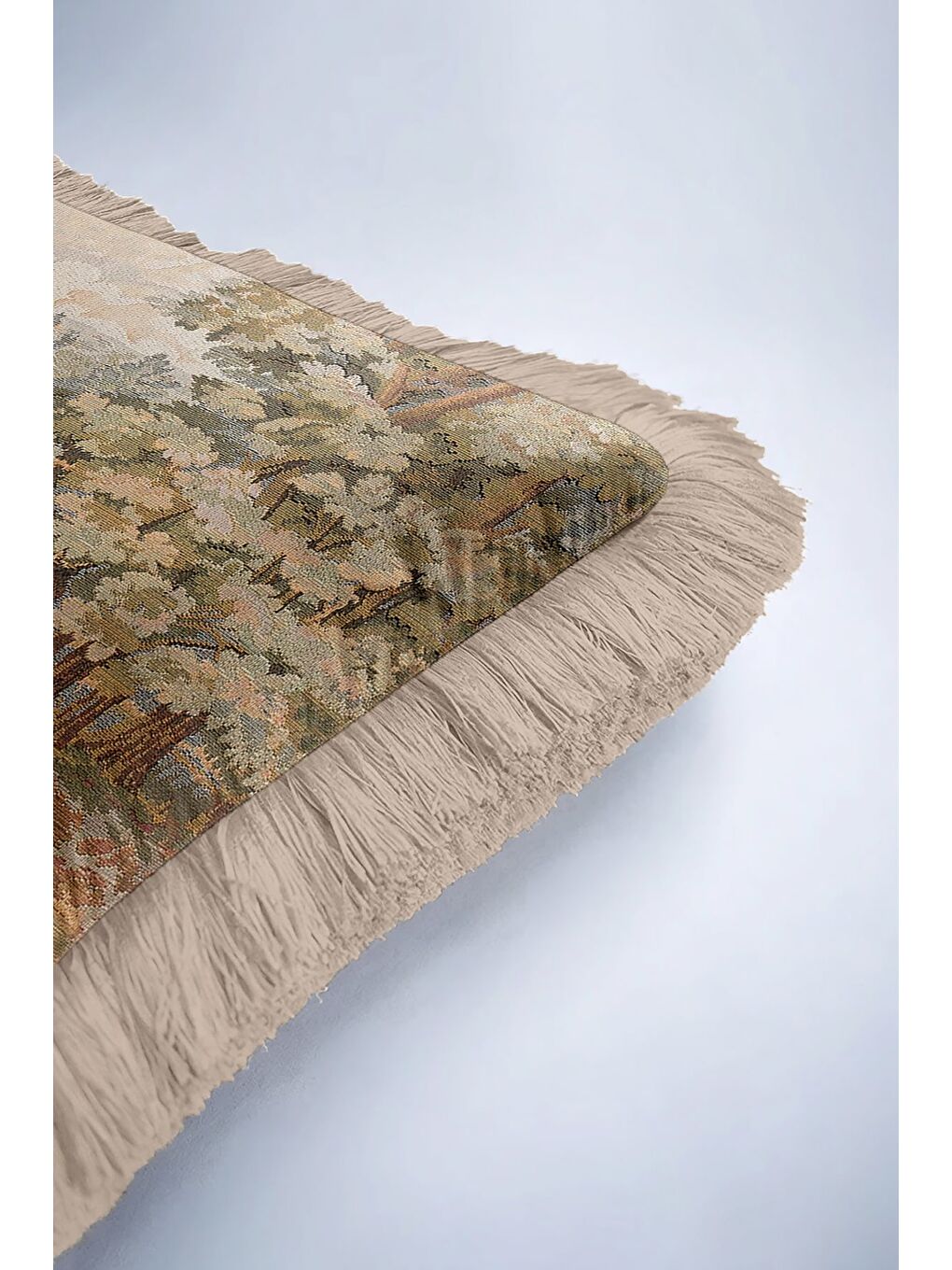 Karışık Avangard Av Sahnesi Saçaklı Yastık Kılıfı - Klasik Rustik Doğa Temalı Bej Püsküllü Kırlent Kılıfı-6