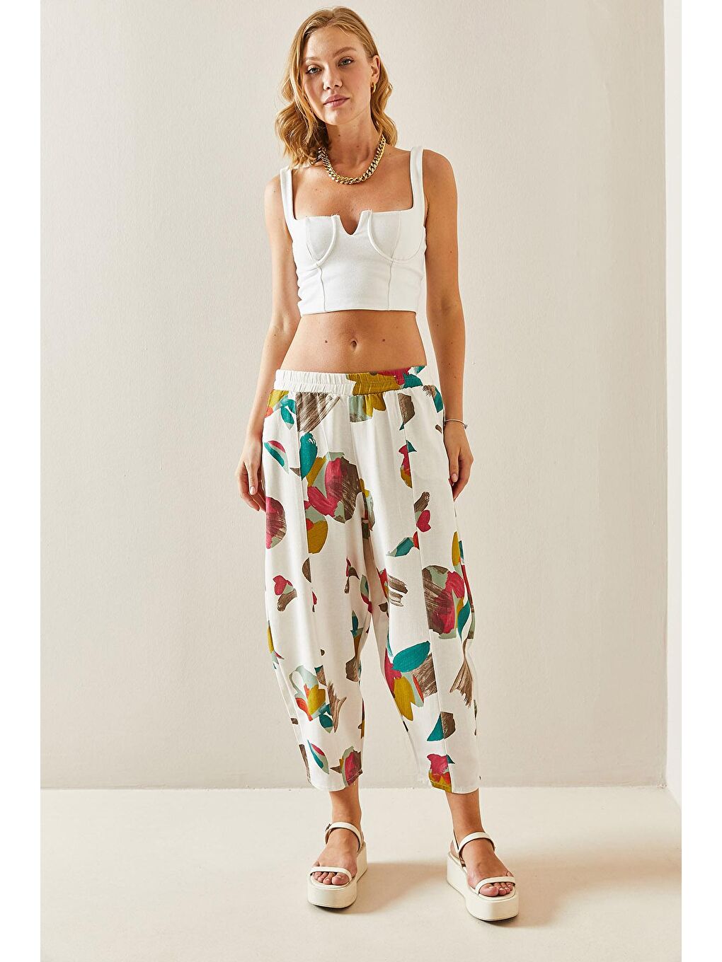 Bej Taş Rengi Desenli Şalvar Kesim Keten Pantolon 3YXK5-47516-56-2