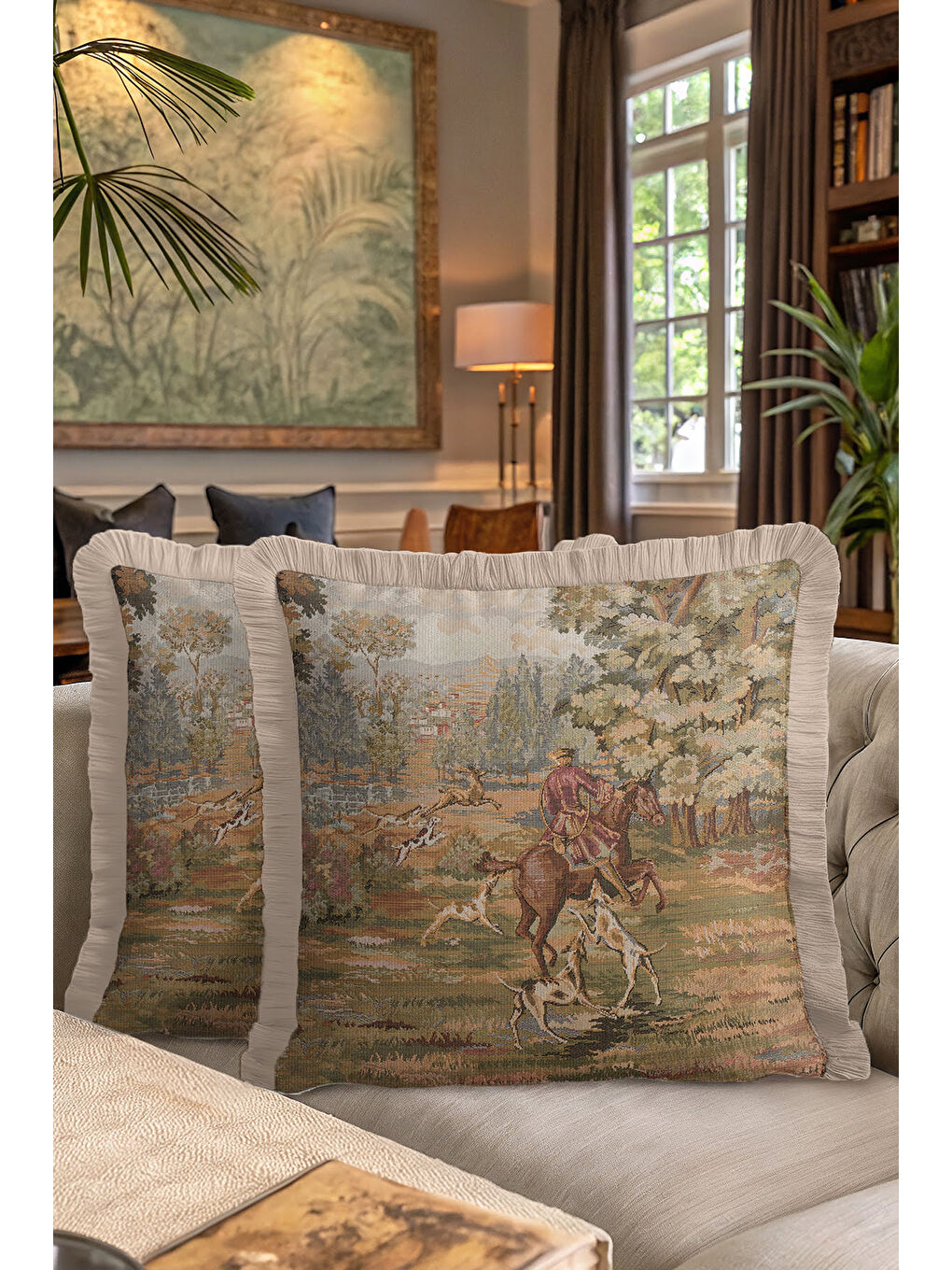 Karışık Avangard Av Sahnesi Saçaklı Yastık Kılıfı - Klasik Rustik Doğa Temalı Bej Püsküllü Kırlent Kılıfı-7