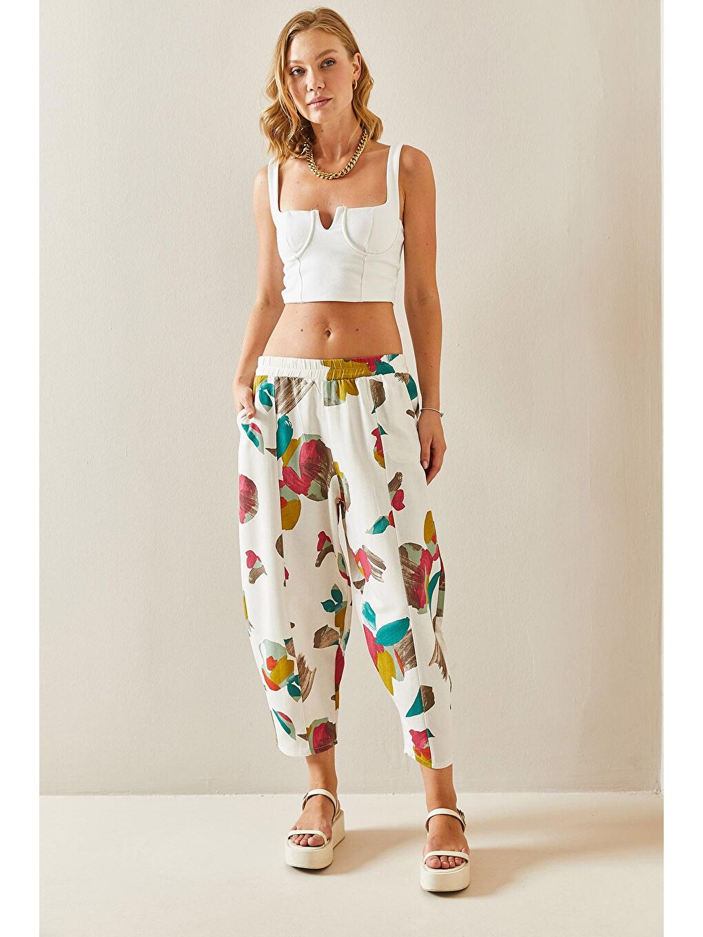 Bej Taş Rengi Desenli Şalvar Kesim Keten Pantolon 3YXK5-47516-56-3