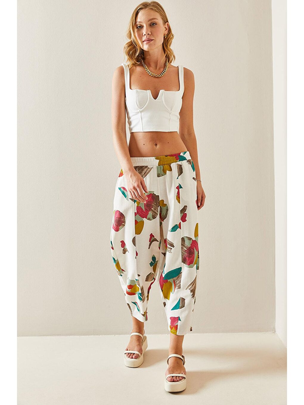 Bej Taş Rengi Desenli Şalvar Kesim Keten Pantolon 3YXK5-47516-56-4