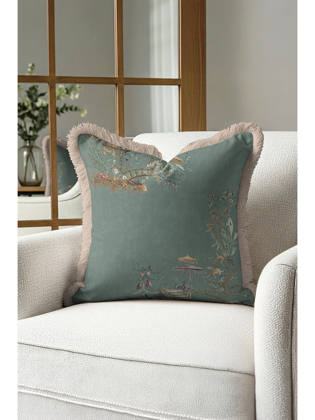 Karışık Motifli Saçaklı Yastık Kılıfı - Pastel Yeşil Doğu Esintisi Etnik Altın Renk Püsküllü Kırlent Kılıfı-2