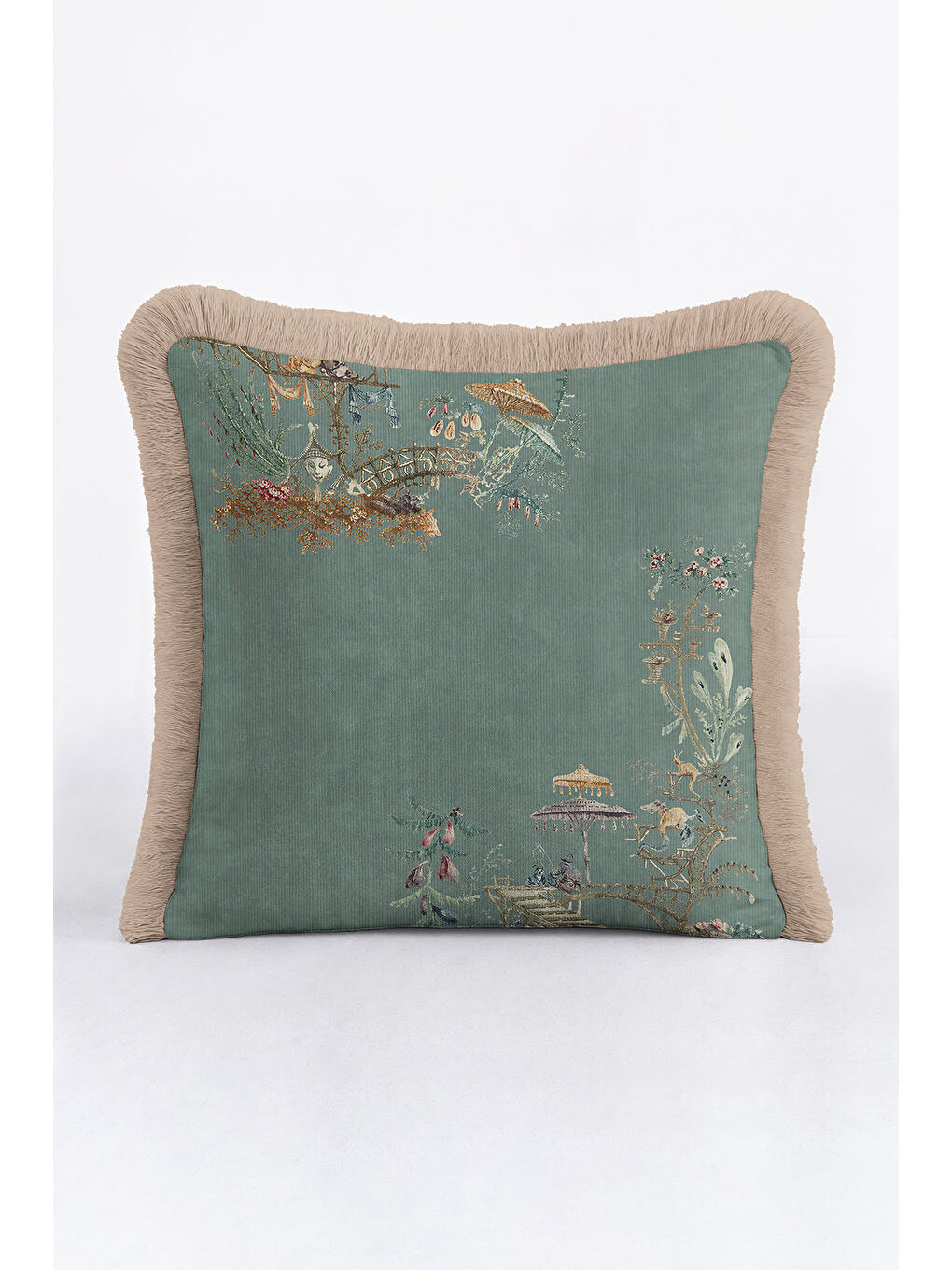 Karışık Motifli Saçaklı Yastık Kılıfı - Pastel Yeşil Doğu Esintisi Etnik Altın Renk Püsküllü Kırlent Kılıfı-3