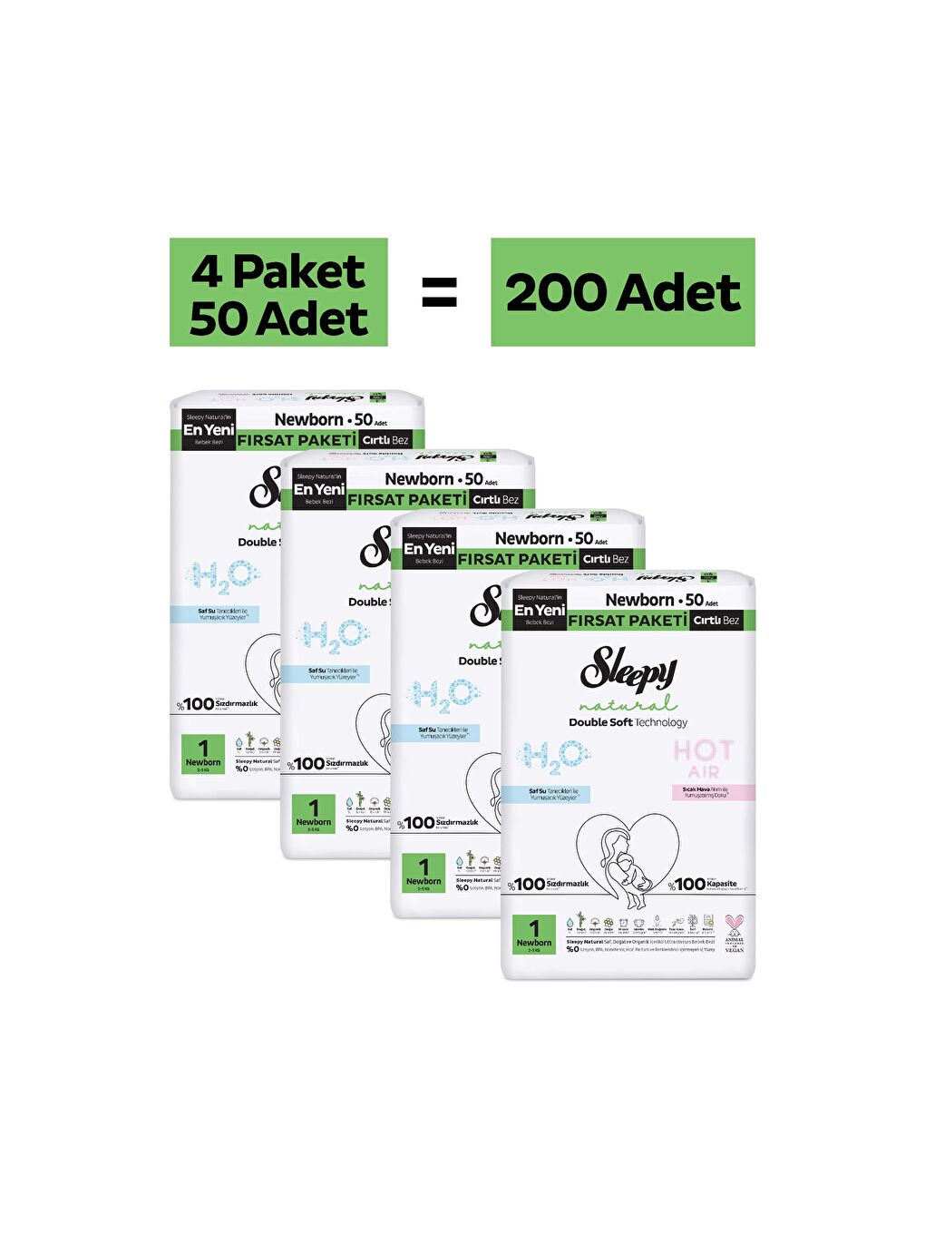 Natural Double Soft Fırsat Paketi Bebek Bezi 1 Numara Newborn 200 Adet-1