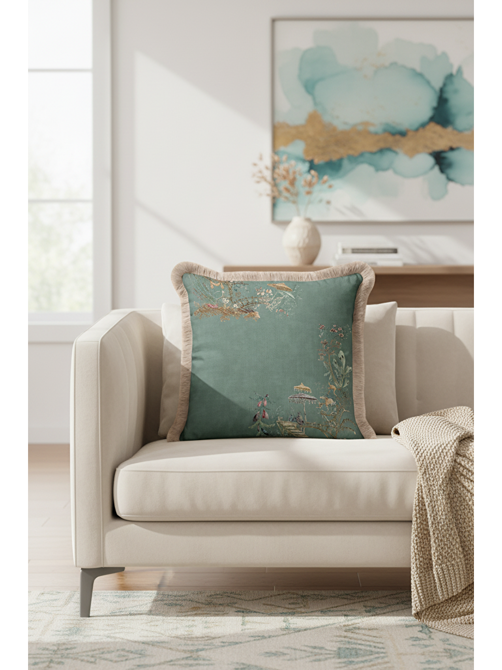 Karışık Motifli Saçaklı Yastık Kılıfı - Pastel Yeşil Doğu Esintisi Etnik Altın Renk Püsküllü Kırlent Kılıfı-4