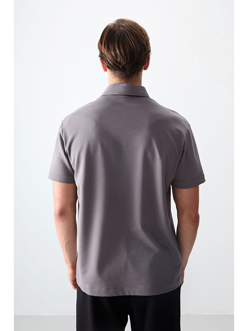 Koyu Gri Pamuklu Kalın Yumuşak Dokulu Polo Yaka Oversize Fit Basic Erkek Tişört- 88381-3
