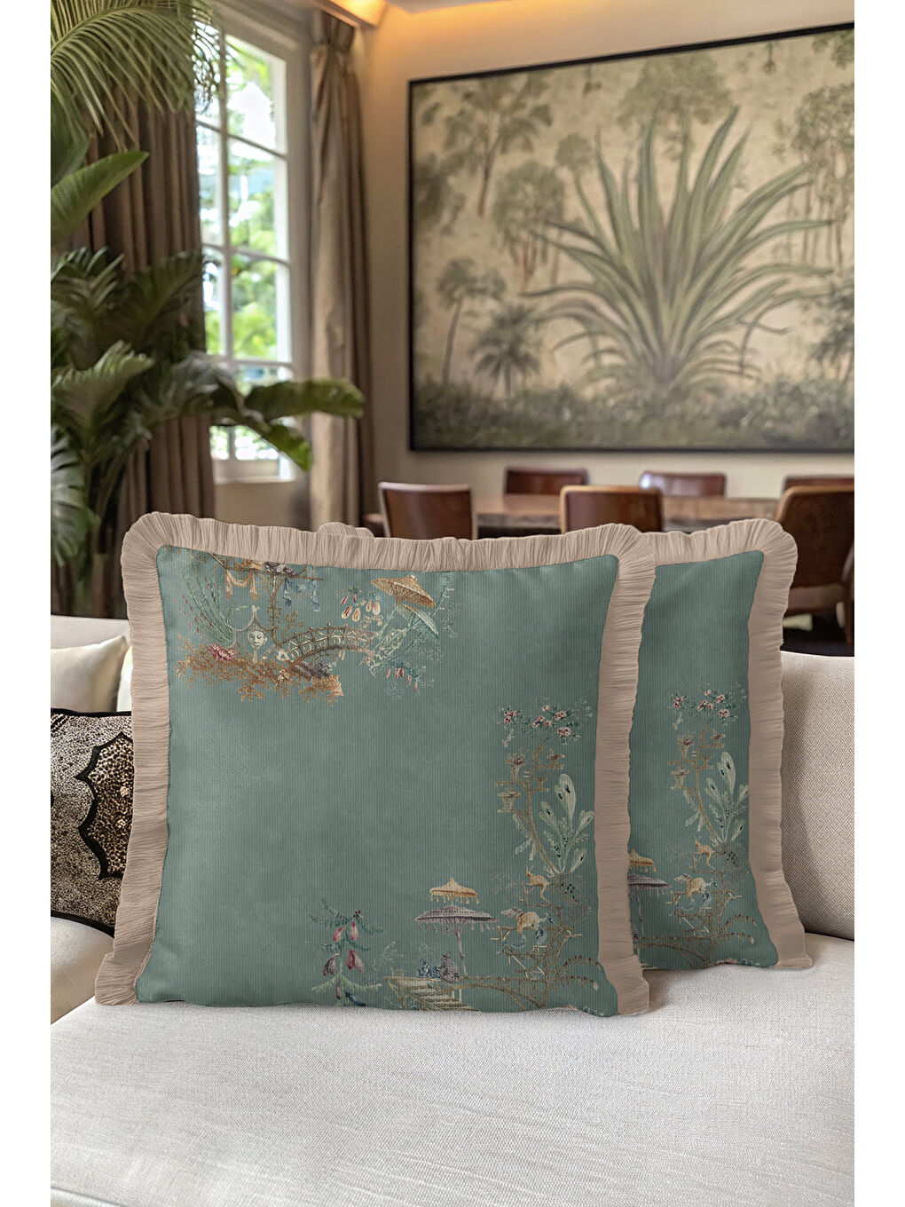 Karışık Motifli Saçaklı Yastık Kılıfı - Pastel Yeşil Doğu Esintisi Etnik Altın Renk Püsküllü Kırlent Kılıfı-5