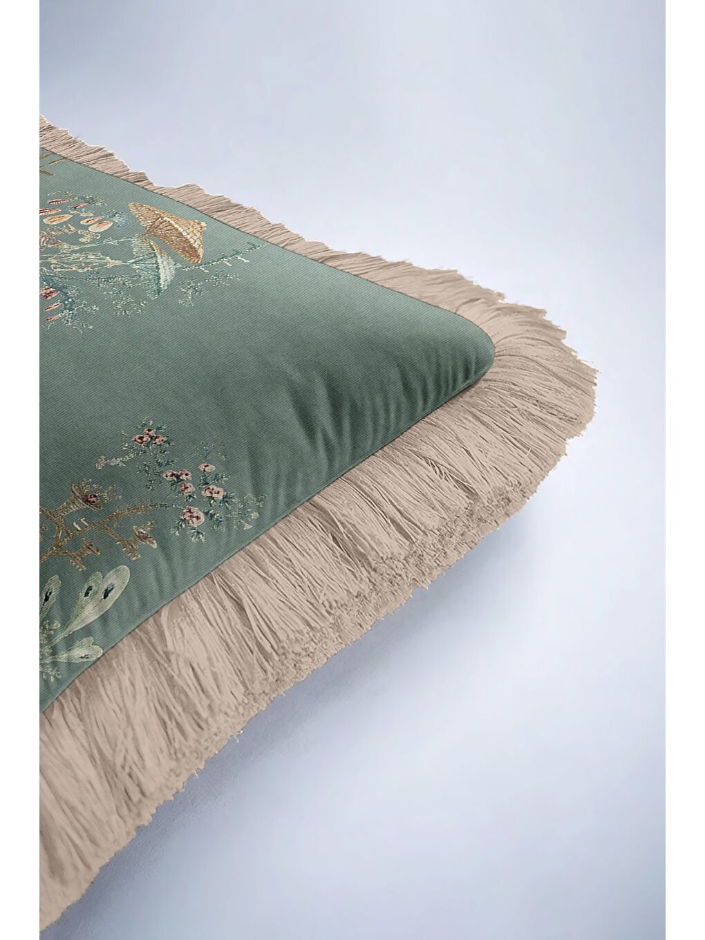 Karışık Motifli Saçaklı Yastık Kılıfı - Pastel Yeşil Doğu Esintisi Etnik Altın Renk Püsküllü Kırlent Kılıfı-6