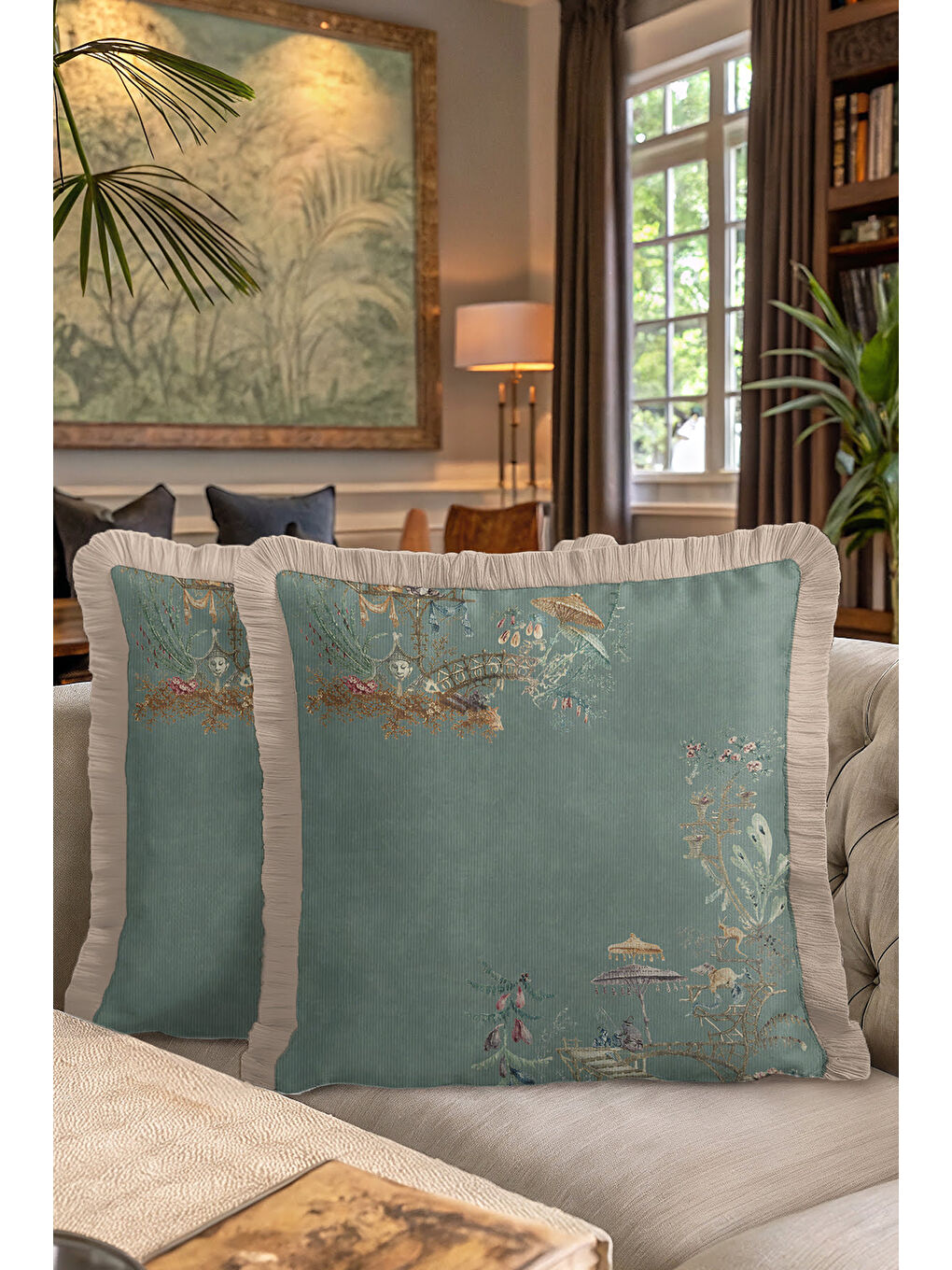 Karışık Motifli Saçaklı Yastık Kılıfı - Pastel Yeşil Doğu Esintisi Etnik Altın Renk Püsküllü Kırlent Kılıfı-7