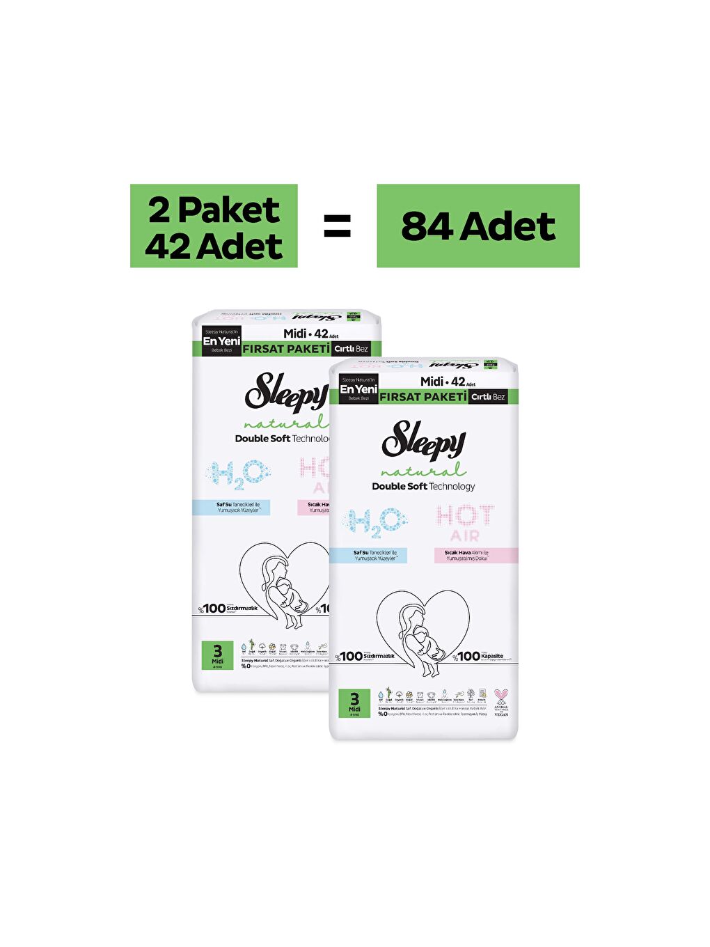 Natural Double Soft Fırsat Paketi Bebek Bezi 3 Numara Midi 84 Adet-1