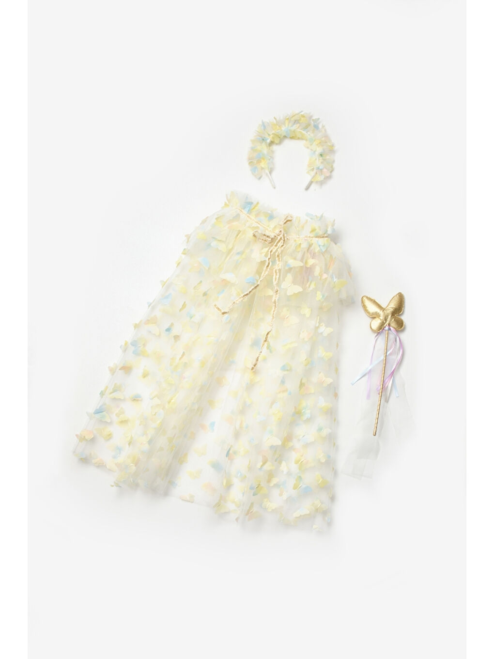 Sarı Kelebek Aplikeli Kız Çocuk Pelerin Asa Taç Set