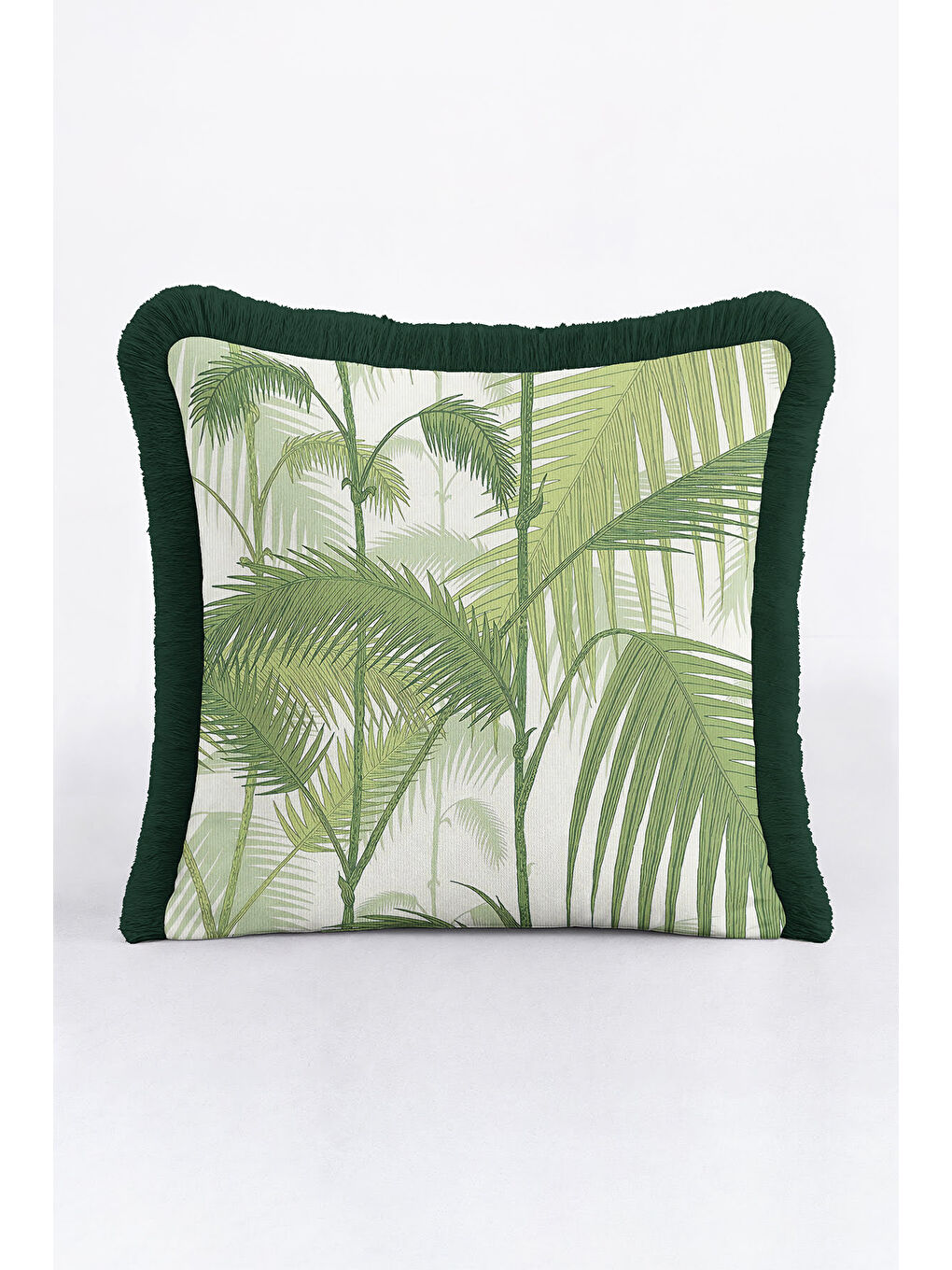 Karışık Tropikal Yaprak Motifli Saçaklı Yastık Kılıfı - Doğal Botanik Modern Yeşil Püsküllü Kırlent Kılıfı-1