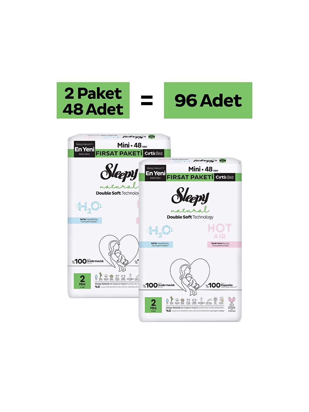 Natural Double Soft Fırsat Paketi Bebek Bezi 2 Numara Mini 96 Adet-1