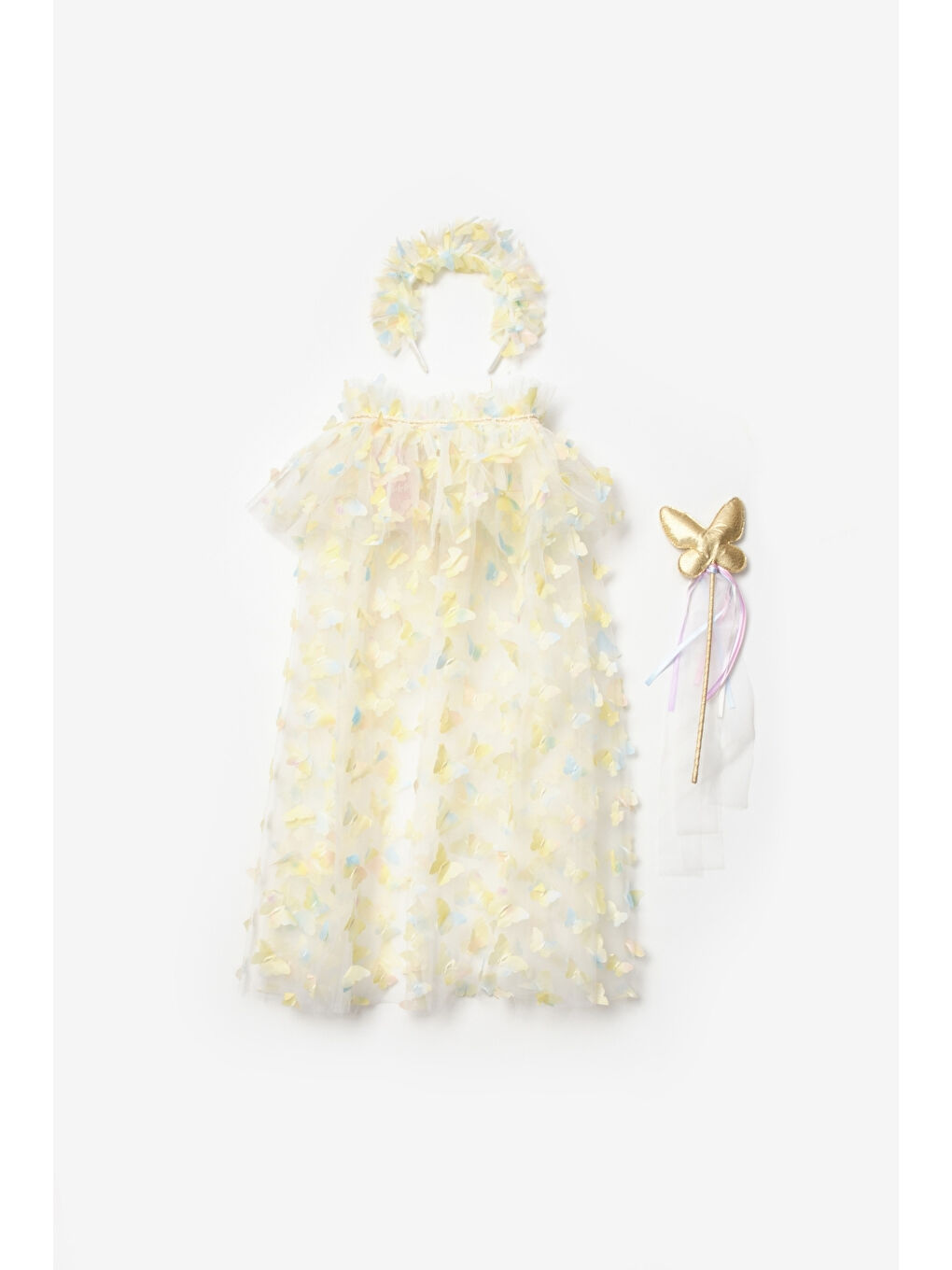 Sarı Kelebek Aplikeli Kız Çocuk Pelerin Asa Taç Set-1