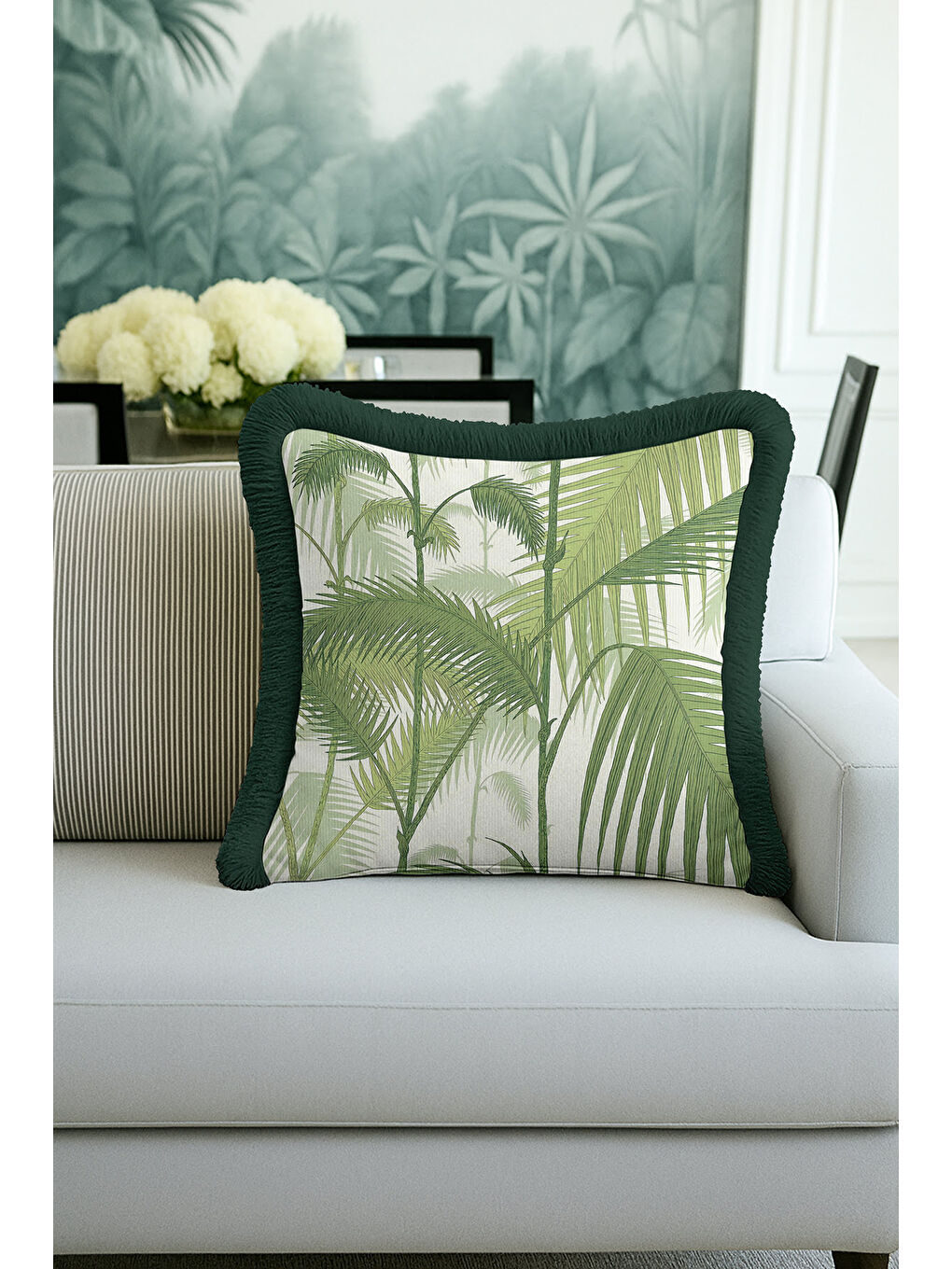 Karışık Tropikal Yaprak Motifli Saçaklı Yastık Kılıfı - Doğal Botanik Modern Yeşil Püsküllü Kırlent Kılıfı-3
