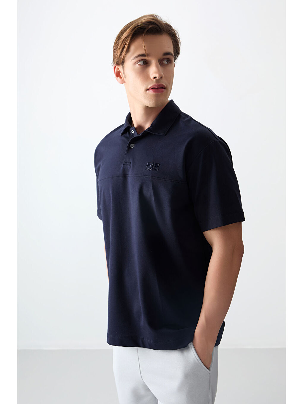 Lacivert Pamuklu Kalın Yumuşak Dokulu Polo Yaka Oversize Fit Basic Erkek Tişört- 88382-4