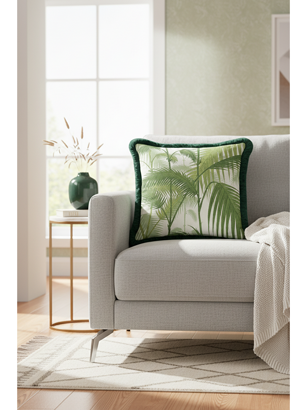 Karışık Tropikal Yaprak Motifli Saçaklı Yastık Kılıfı - Doğal Botanik Modern Yeşil Püsküllü Kırlent Kılıfı-4