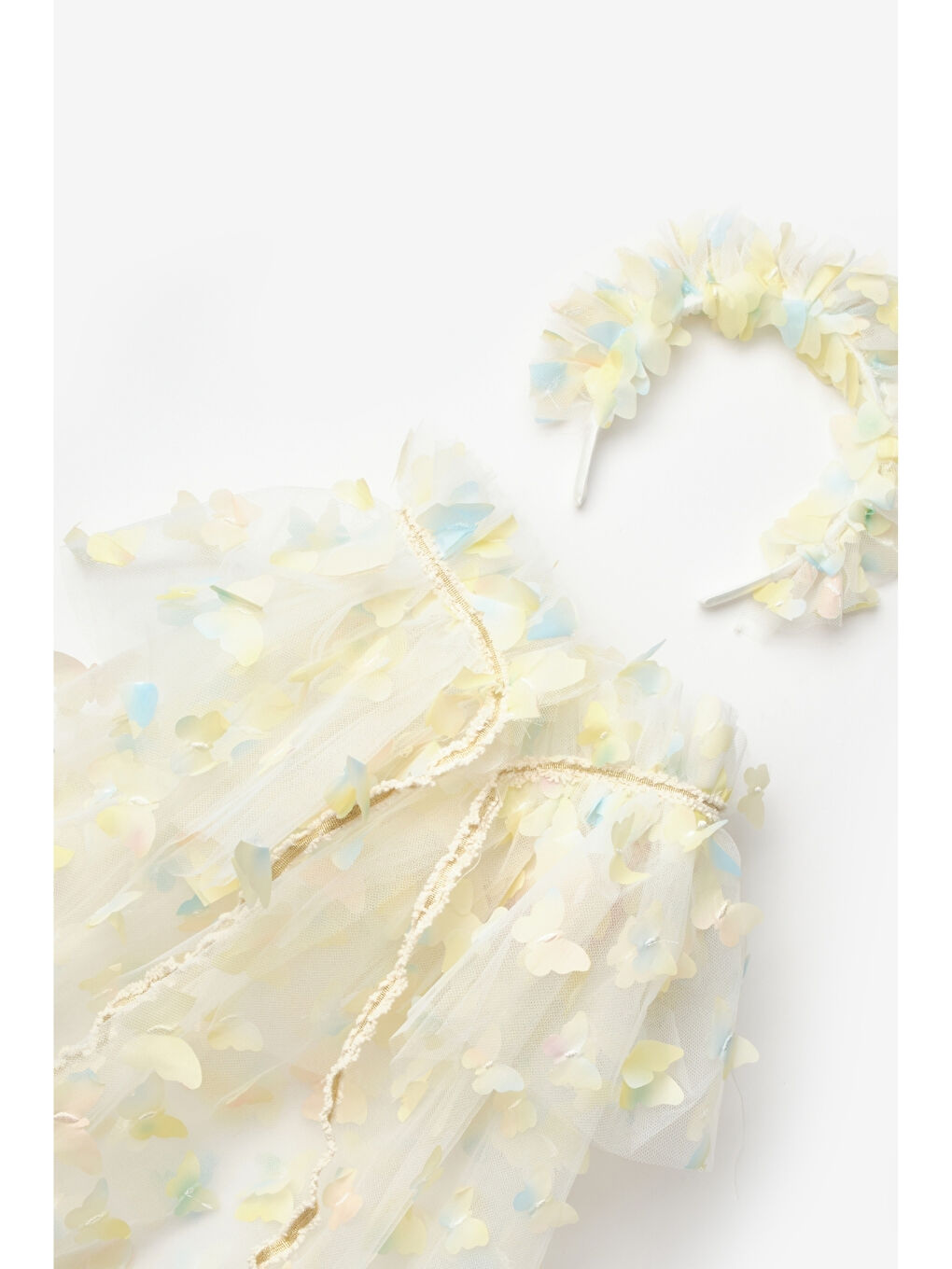 Sarı Kelebek Aplikeli Kız Çocuk Pelerin Asa Taç Set-2