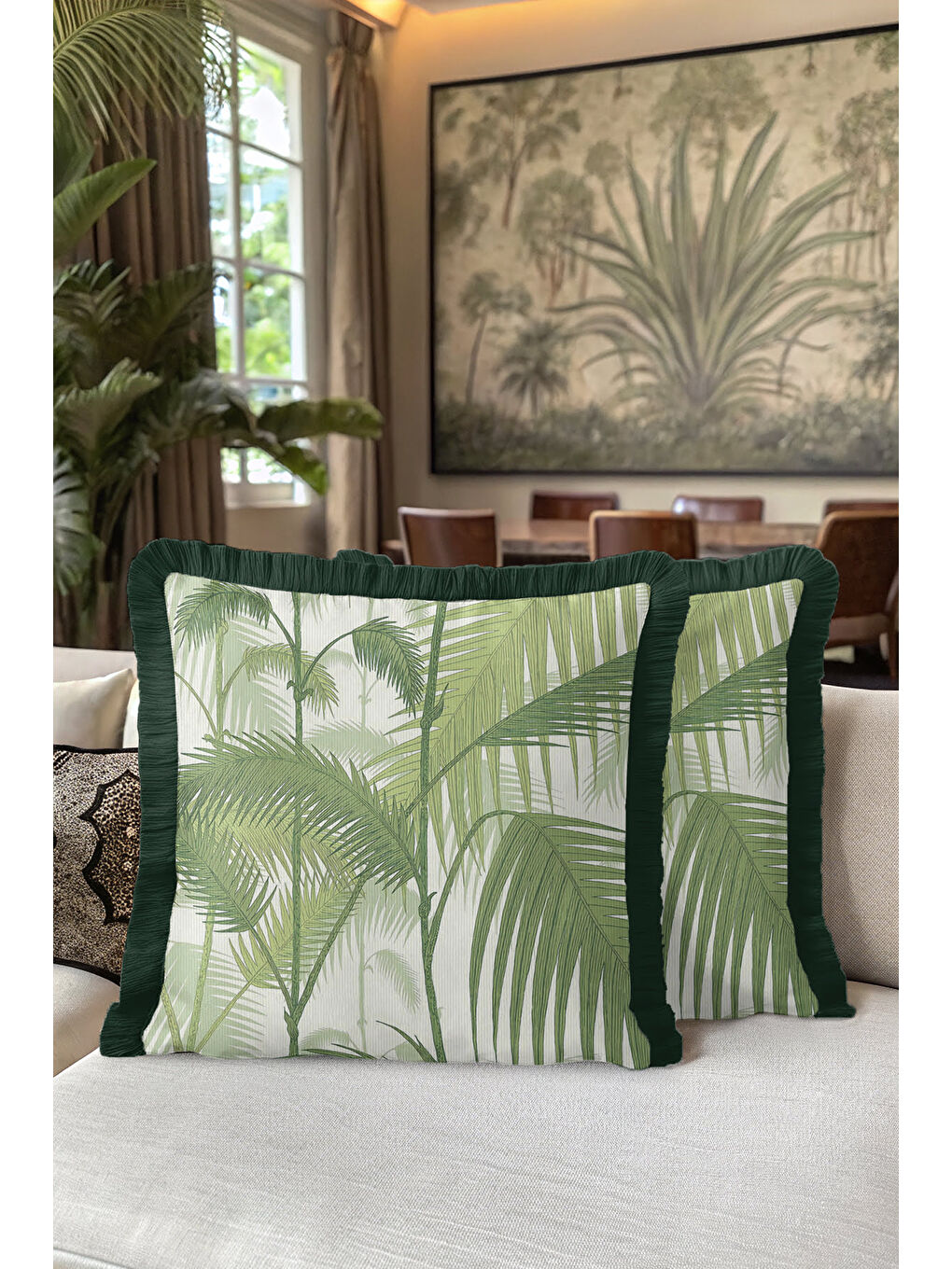 Karışık Tropikal Yaprak Motifli Saçaklı Yastık Kılıfı - Doğal Botanik Modern Yeşil Püsküllü Kırlent Kılıfı-5