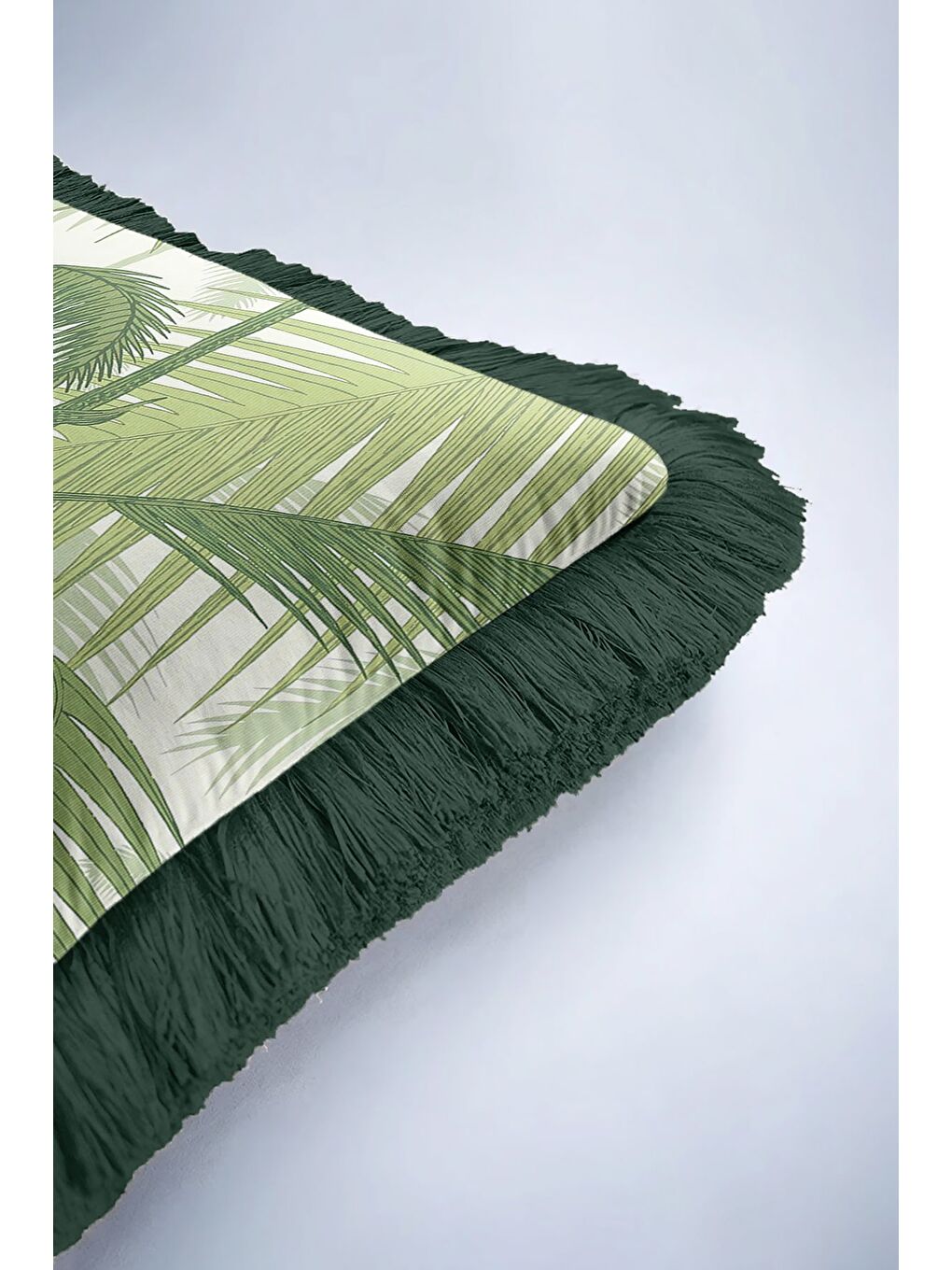 Karışık Tropikal Yaprak Motifli Saçaklı Yastık Kılıfı - Doğal Botanik Modern Yeşil Püsküllü Kırlent Kılıfı-6