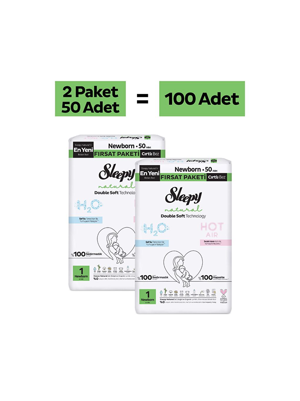 Natural Double Soft Fırsat Paketi Bebek Bezi 1 Numara Newborn 100 Adet-1