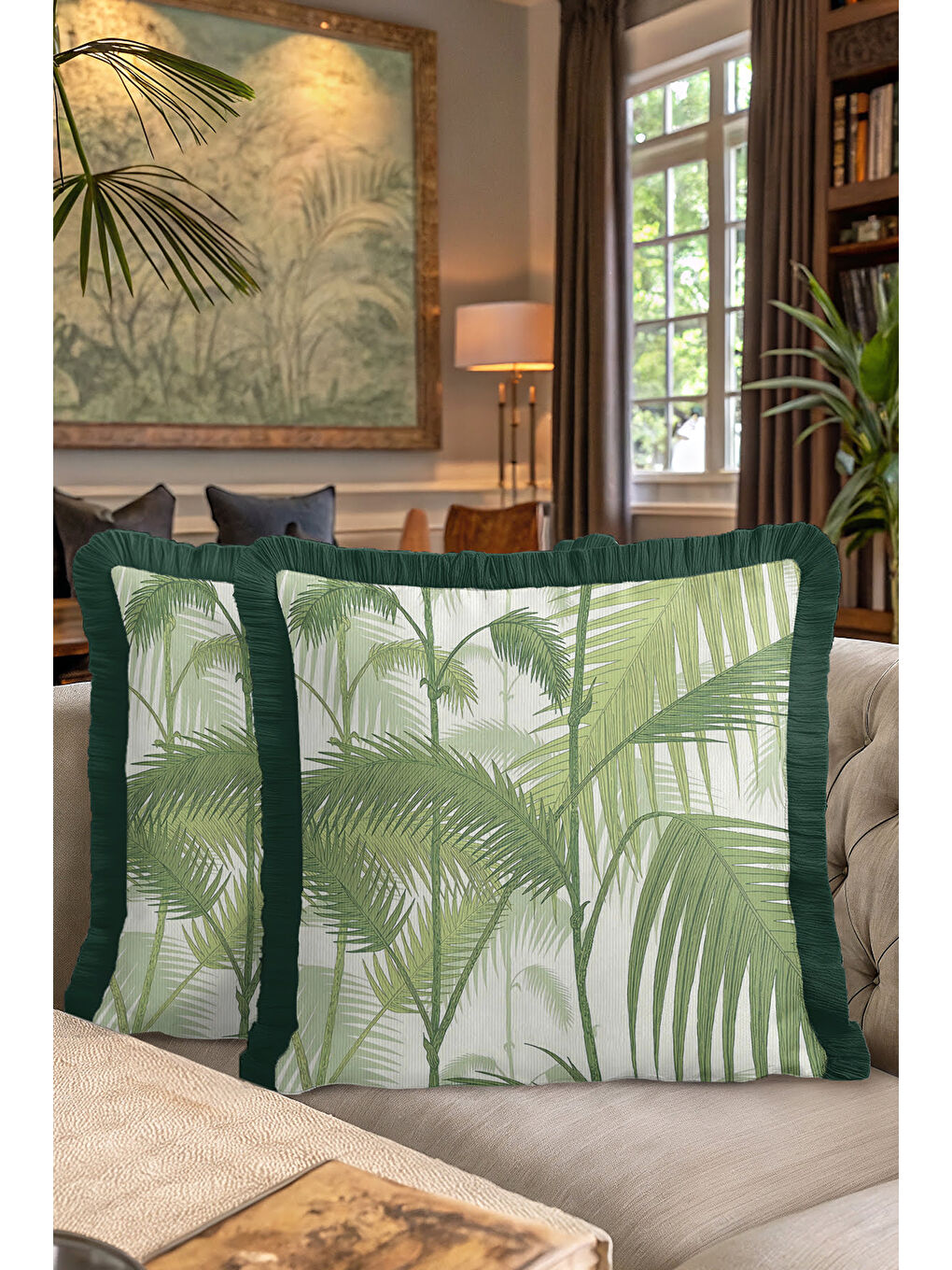 Karışık Tropikal Yaprak Motifli Saçaklı Yastık Kılıfı - Doğal Botanik Modern Yeşil Püsküllü Kırlent Kılıfı-7