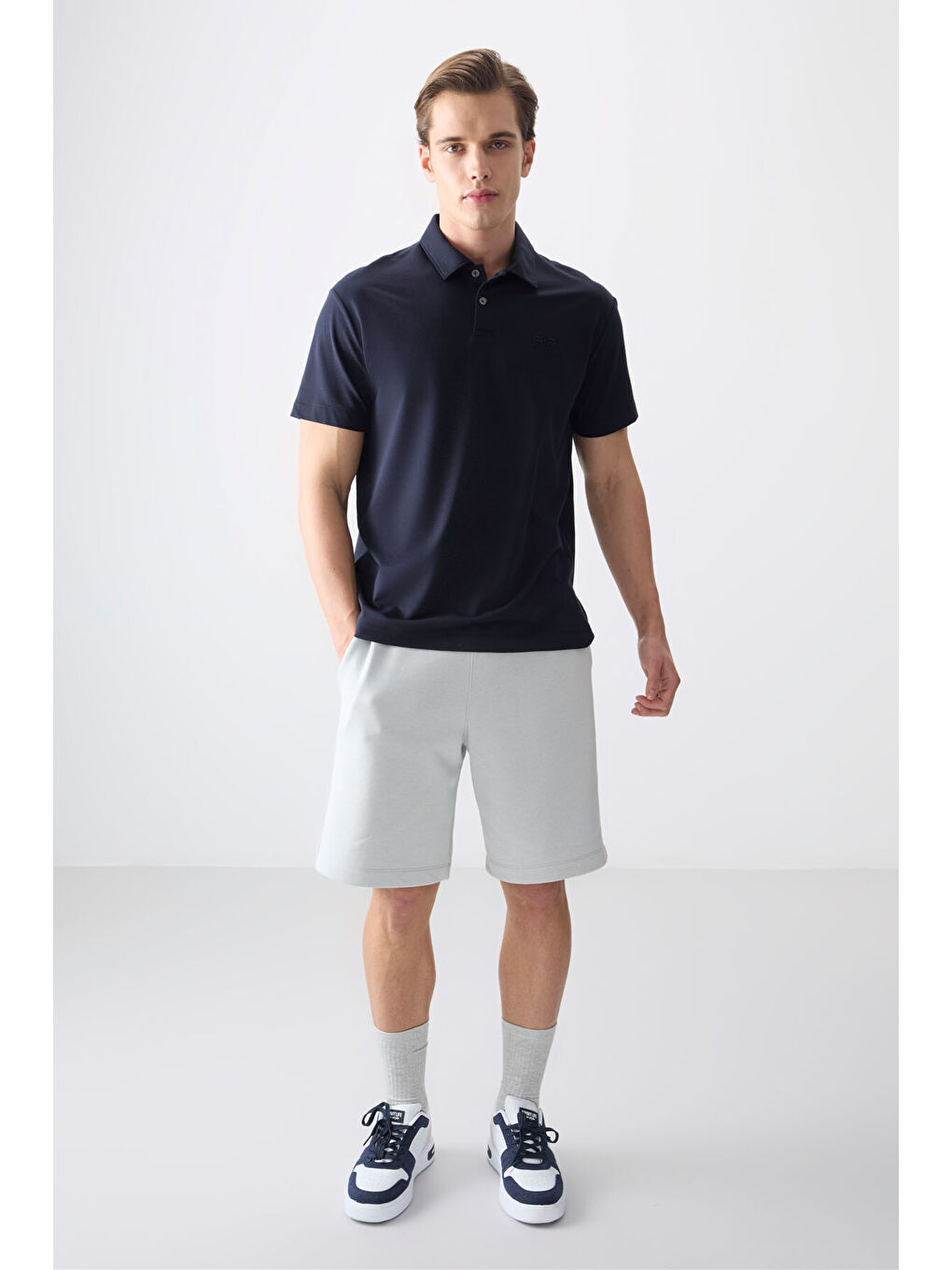 Lacivert Pamuklu Kalın Yumuşak Dokulu Polo Yaka Oversize Fit Basic Erkek Tişört- 88381-3