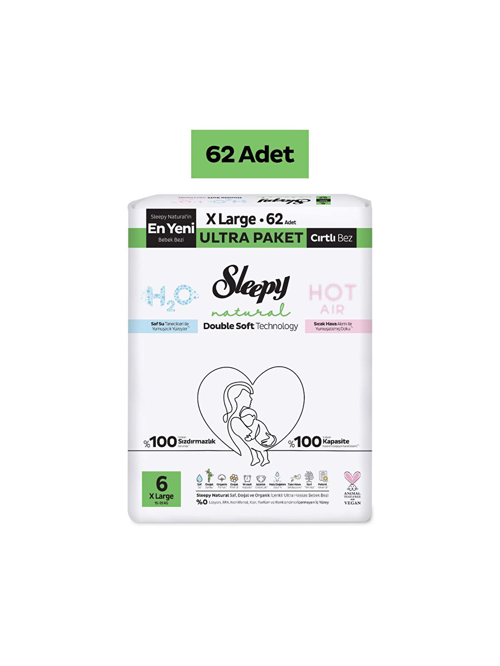 Natural Double Soft Ultra Paket Bebek Bezi 6 Numara Xlarge 62 Adet-1