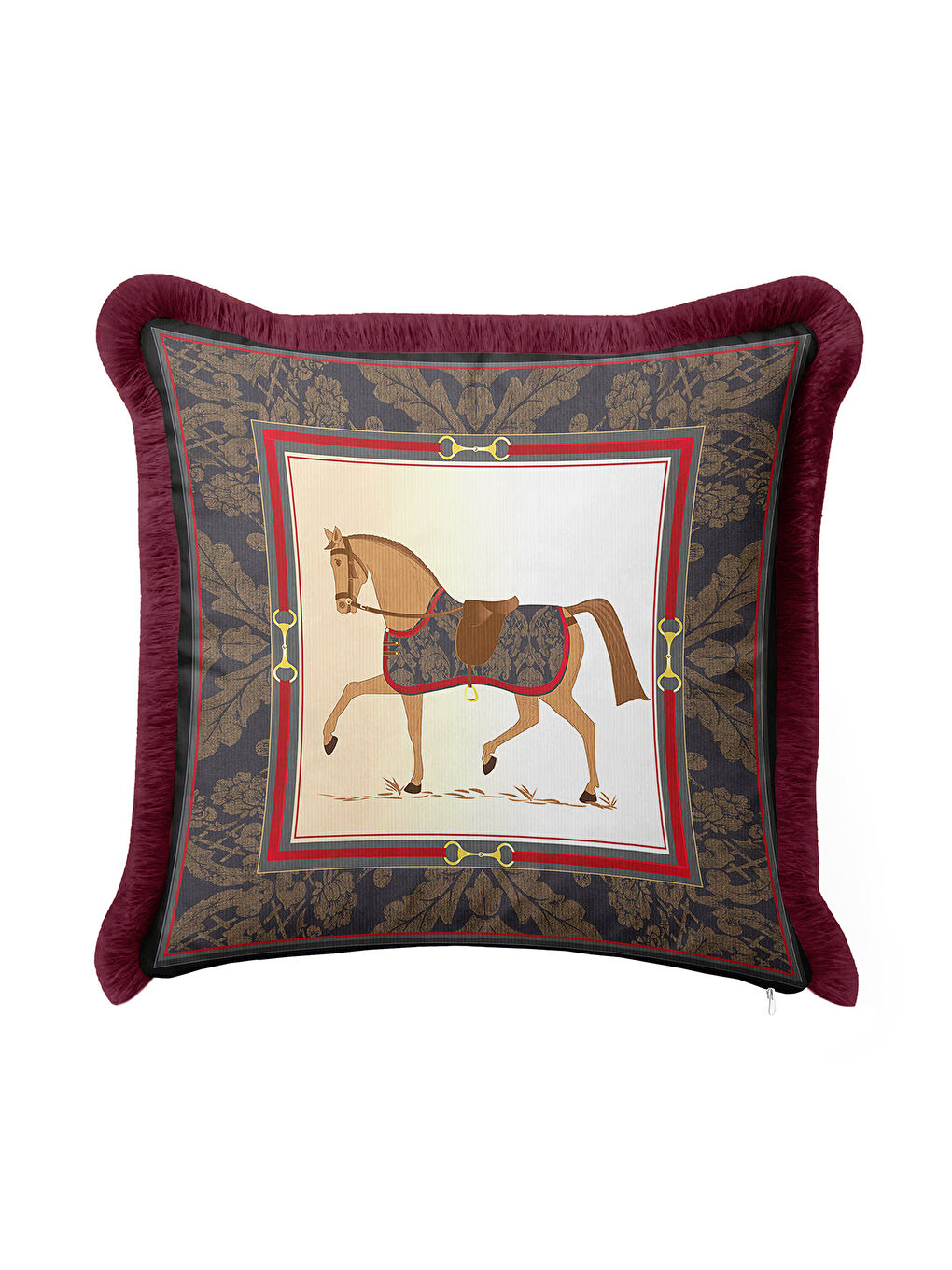 Karışık At Figürlü Lüks Vintage Saçaklı Yastık Kılıfı - Zarif Ekinoks Klasik Bordo Püsküllü Kırlent Kılıfı