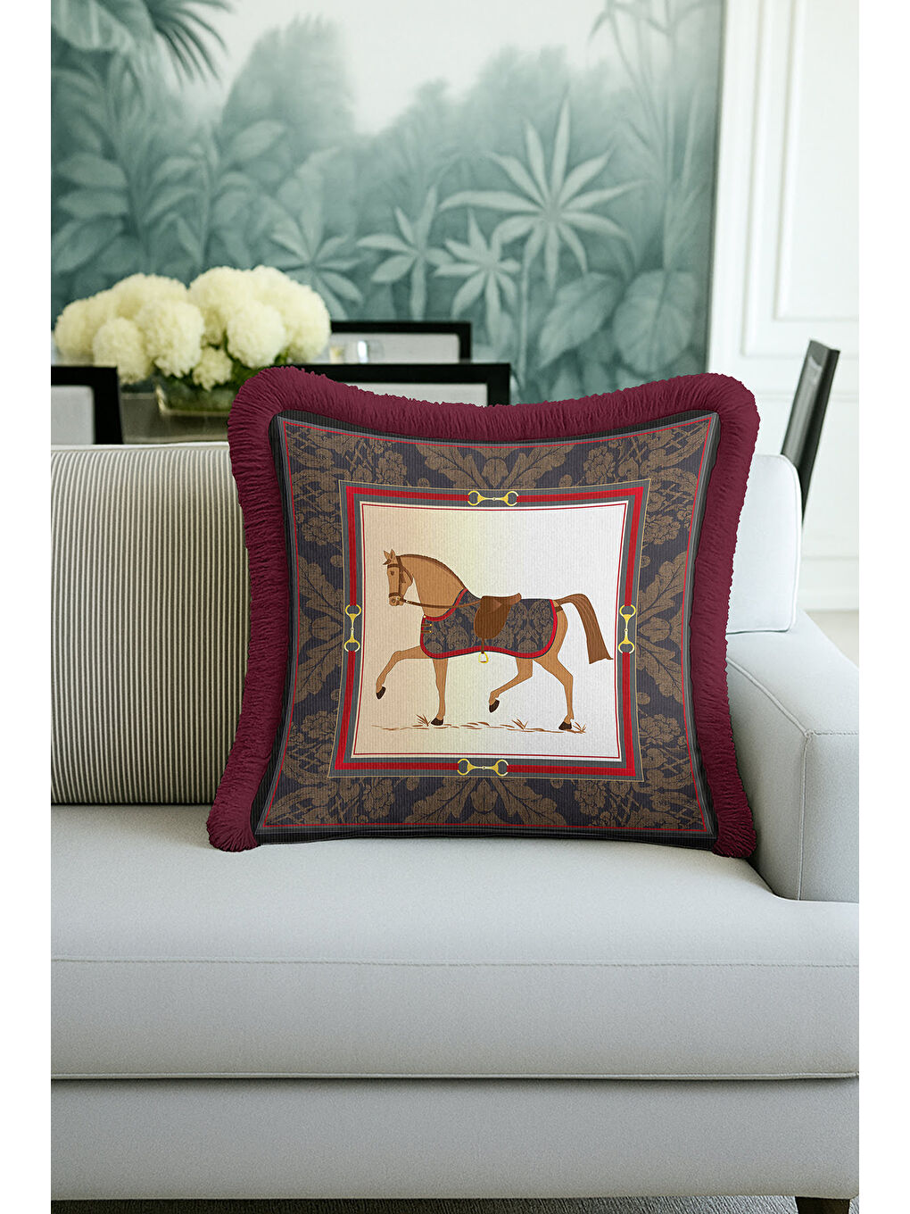 Karışık At Figürlü Lüks Vintage Saçaklı Yastık Kılıfı - Zarif Ekinoks Klasik Bordo Püsküllü Kırlent Kılıfı-1