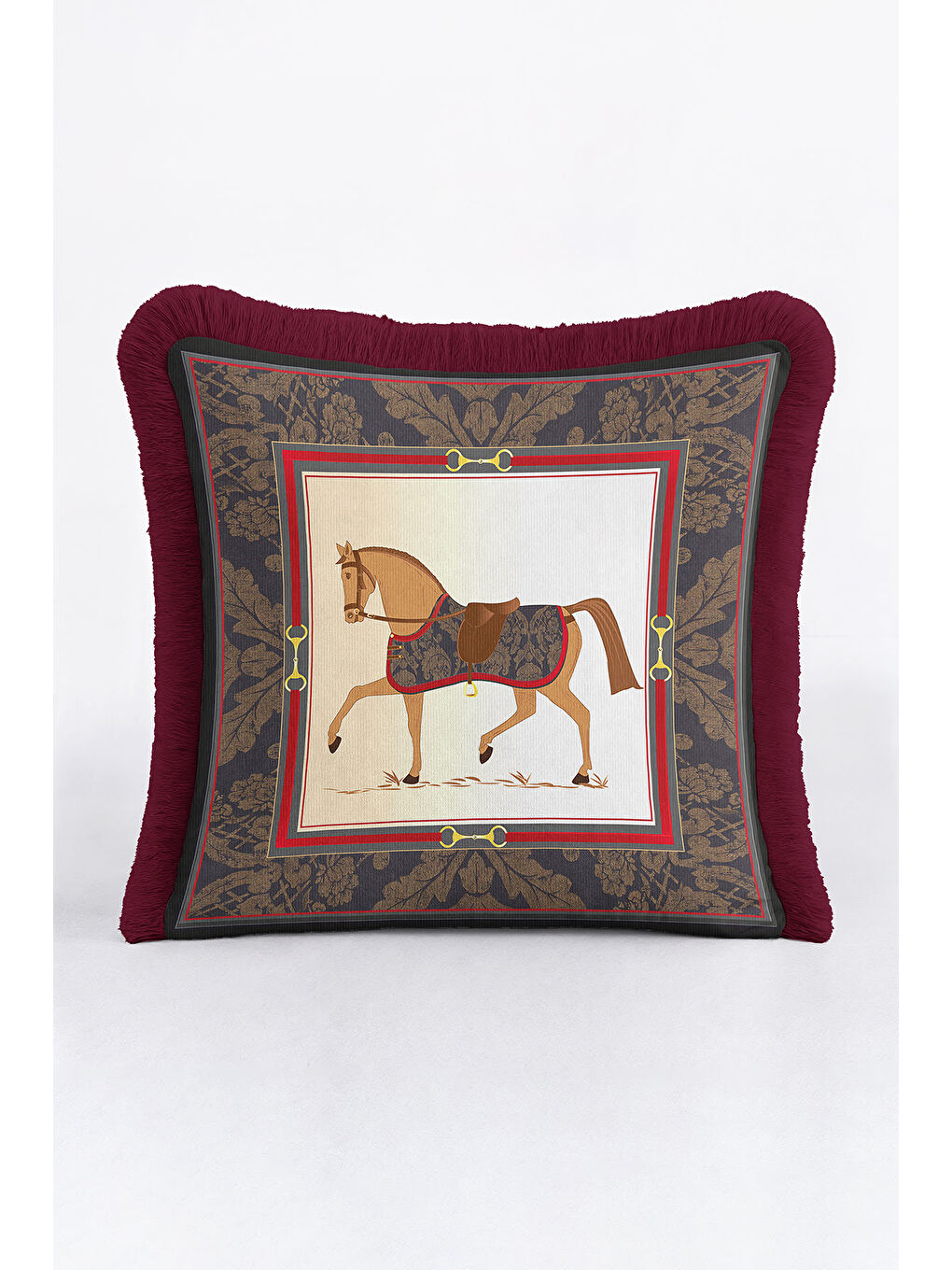 Karışık At Figürlü Lüks Vintage Saçaklı Yastık Kılıfı - Zarif Ekinoks Klasik Bordo Püsküllü Kırlent Kılıfı-2