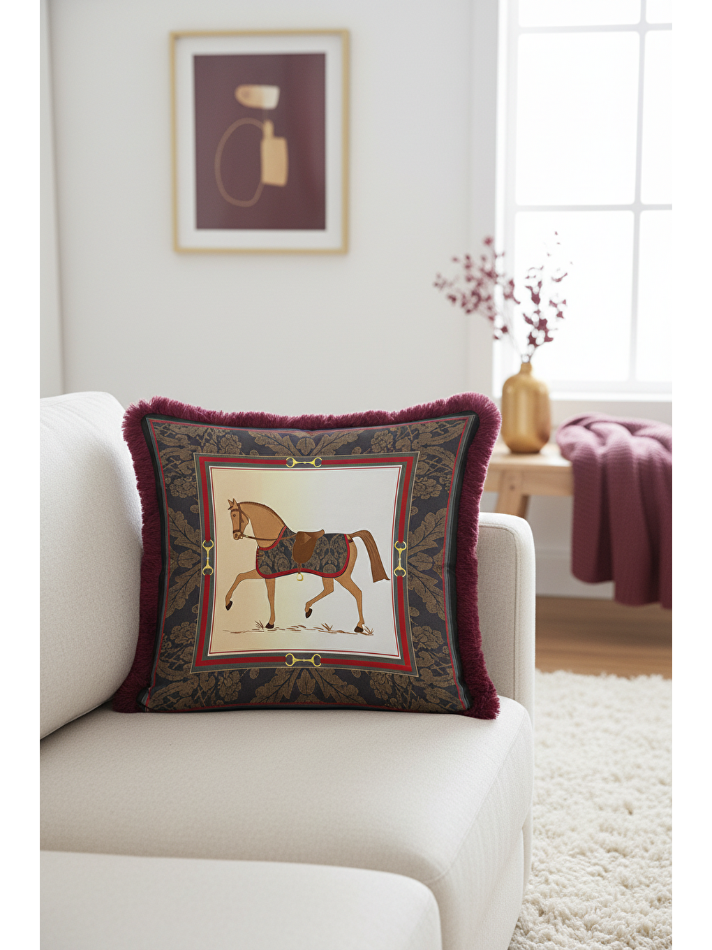 Karışık At Figürlü Lüks Vintage Saçaklı Yastık Kılıfı - Zarif Ekinoks Klasik Bordo Püsküllü Kırlent Kılıfı-3