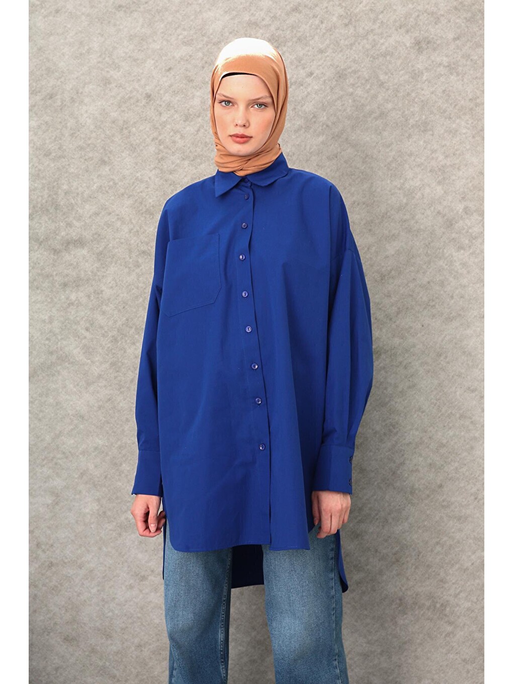 Mavi Saks %100 Pamuk Oversize Cepli Gömlek Tunik