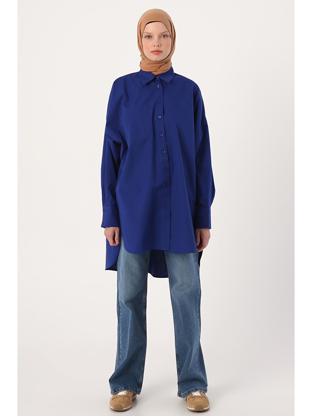 Mavi Saks %100 Pamuk Oversize Cepli Gömlek Tunik-1