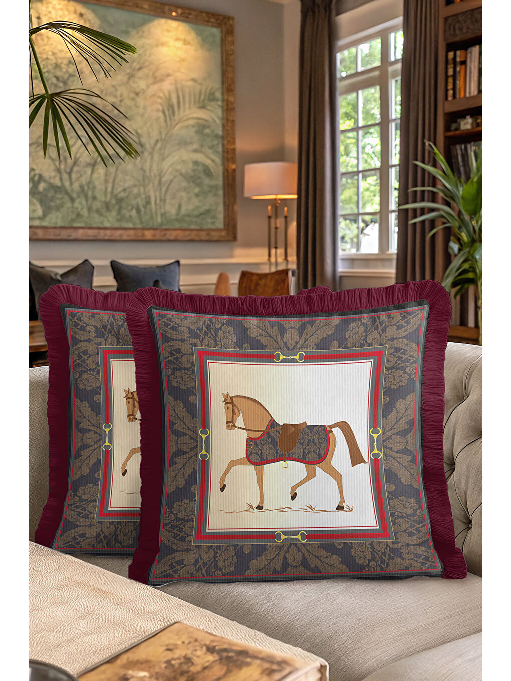 Karışık At Figürlü Lüks Vintage Saçaklı Yastık Kılıfı - Zarif Ekinoks Klasik Bordo Püsküllü Kırlent Kılıfı-7