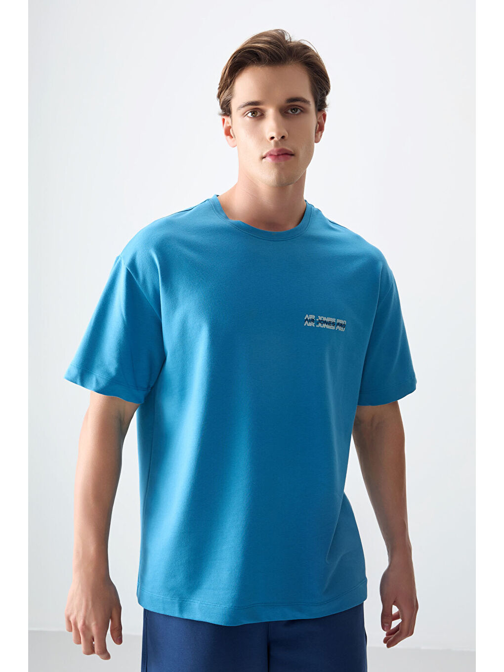 Petrol Mavi Pamuklu Kalın Yumuşak Dokulu Oversize Fit Baskılı Erkek Tişört - 88375