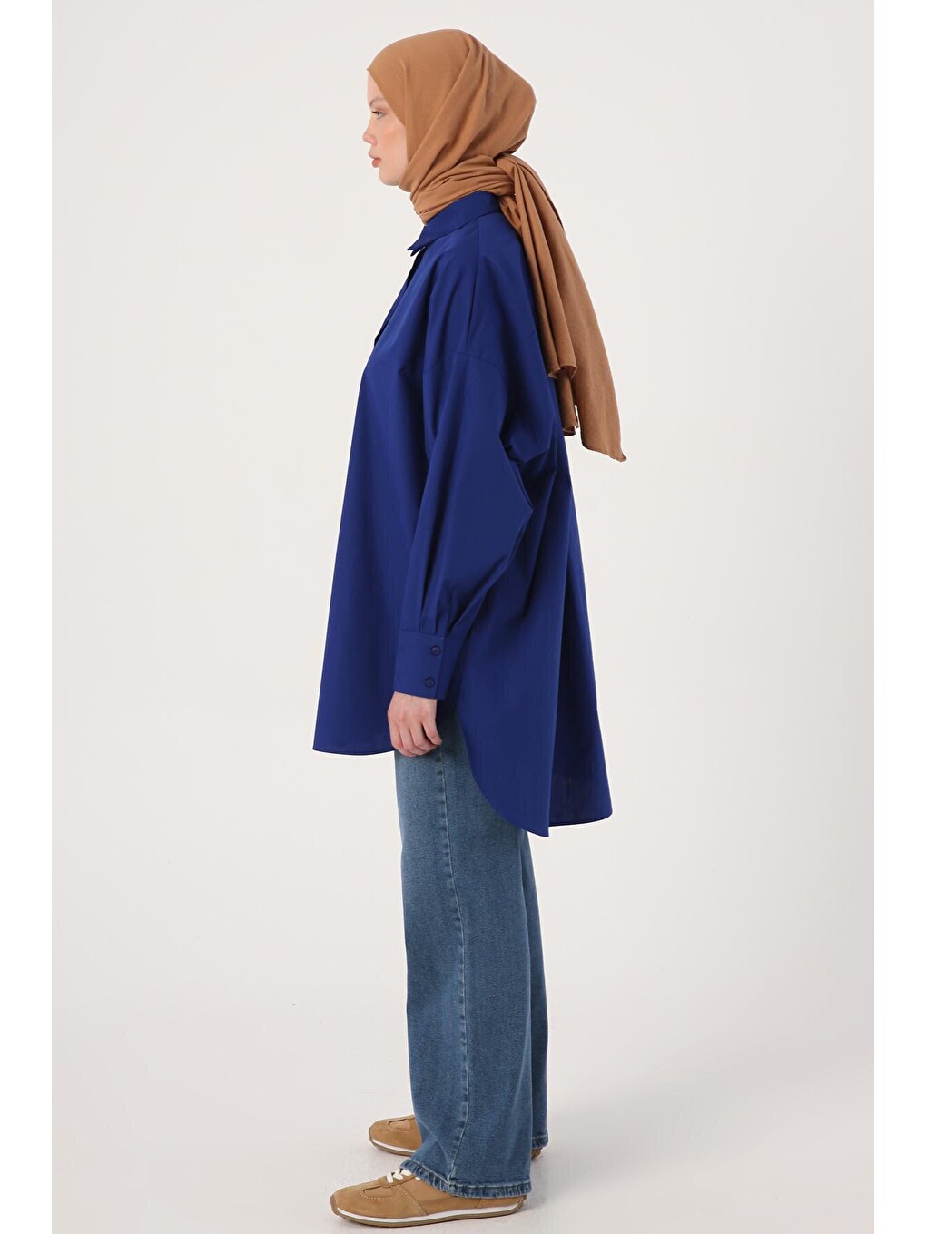 Mavi Saks %100 Pamuk Oversize Cepli Gömlek Tunik-2