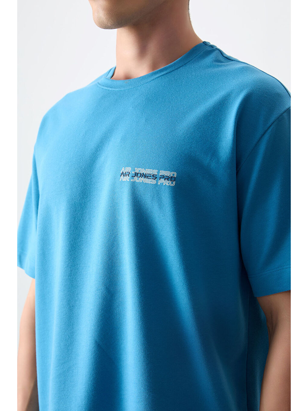 Petrol Mavi Pamuklu Kalın Yumuşak Dokulu Oversize Fit Baskılı Erkek Tişört - 88375-2