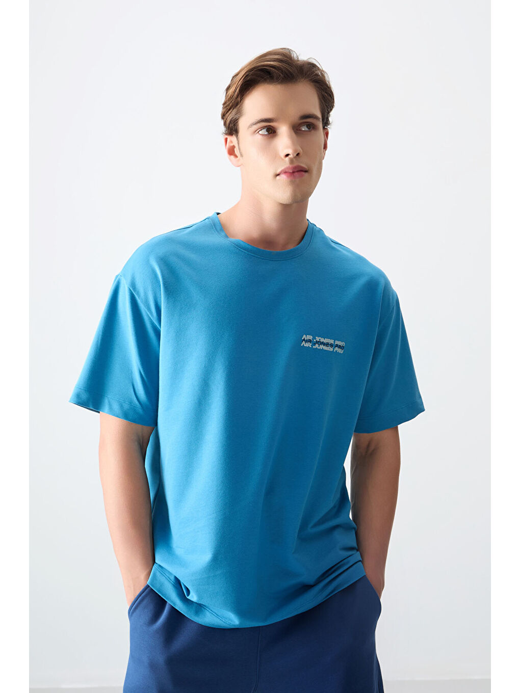 Petrol Mavi Pamuklu Kalın Yumuşak Dokulu Oversize Fit Baskılı Erkek Tişört - 88375-4