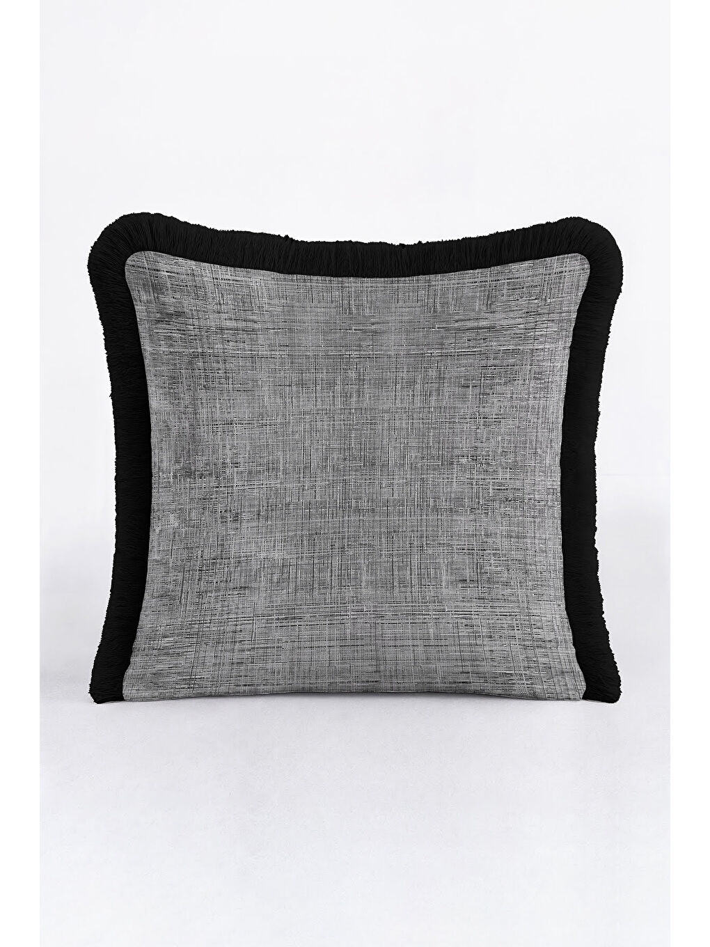 Karışık Lüks Dokulu Saçaklı Yastık Kılıfı - Modern Gri Siyah Püsküllü Kırlent Kılıfı-3