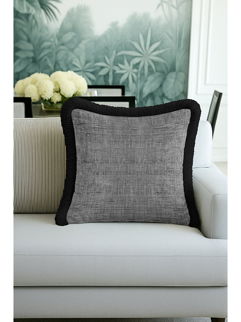 Karışık Lüks Dokulu Saçaklı Yastık Kılıfı - Modern Gri Siyah Püsküllü Kırlent Kılıfı-4