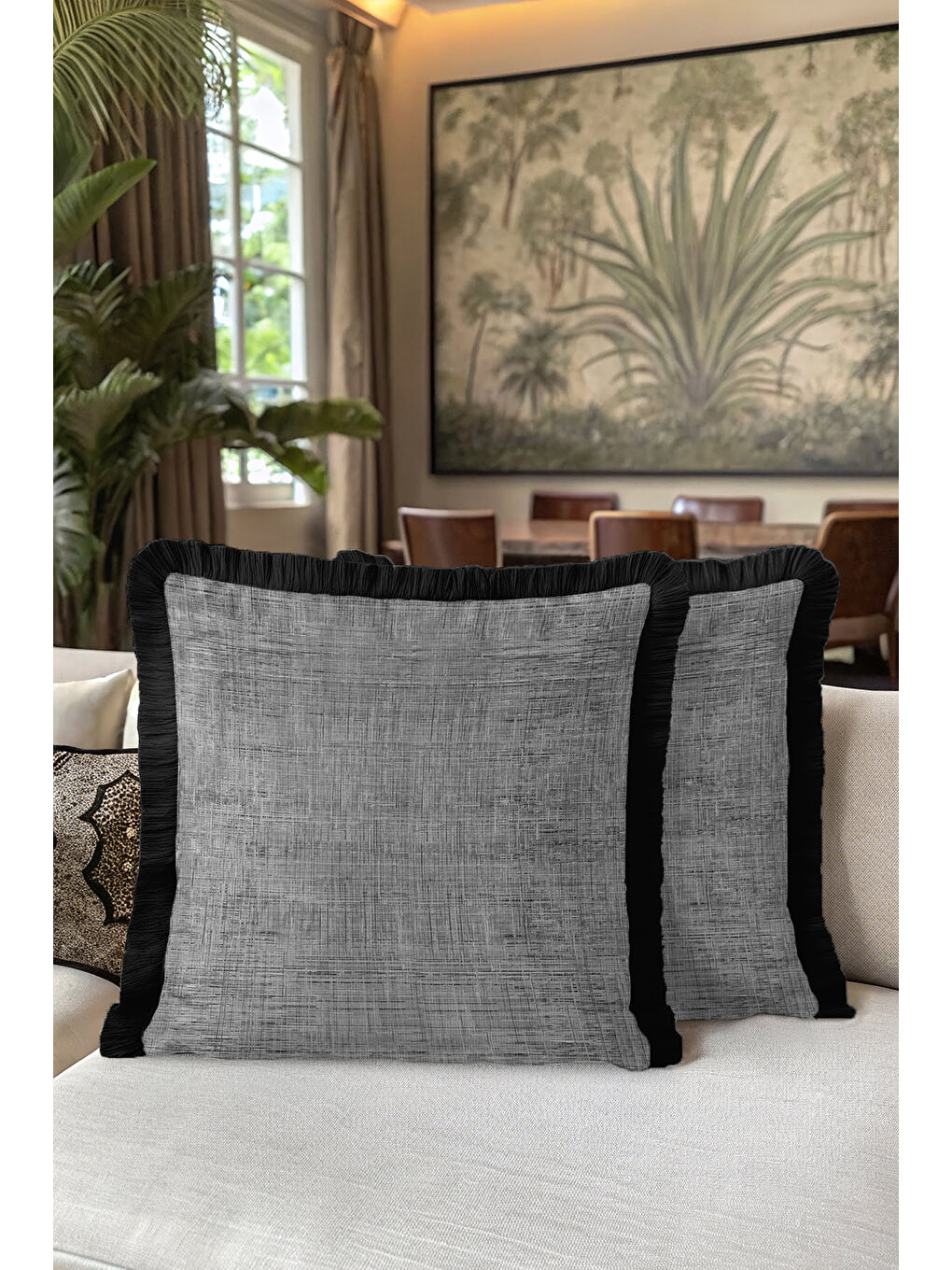 Karışık Lüks Dokulu Saçaklı Yastık Kılıfı - Modern Gri Siyah Püsküllü Kırlent Kılıfı-5
