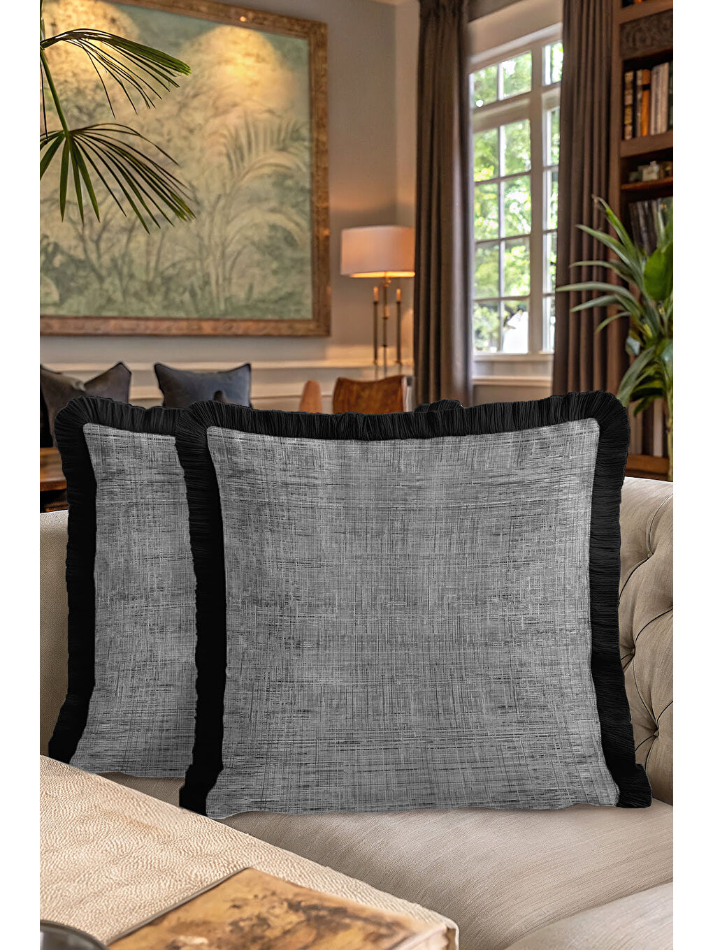 Karışık Lüks Dokulu Saçaklı Yastık Kılıfı - Modern Gri Siyah Püsküllü Kırlent Kılıfı-7