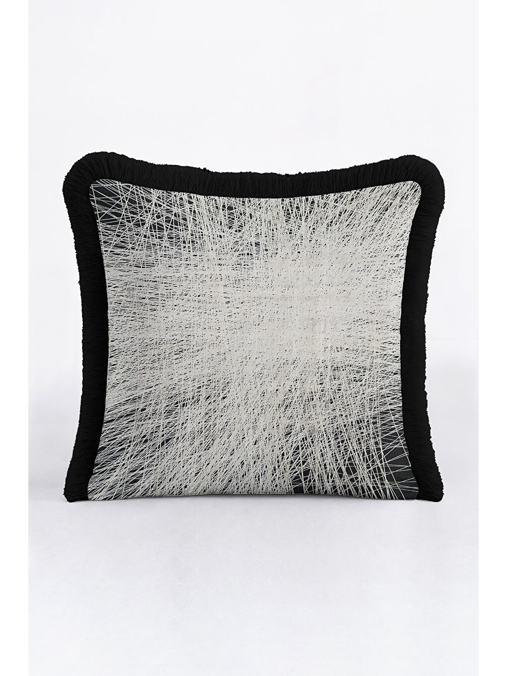 Karışık Modern Lüks Saçaklı Yastık Kılıfı - Minimalist Eklektik Siyah Gri Püsküllü Kırlent Kılıfı