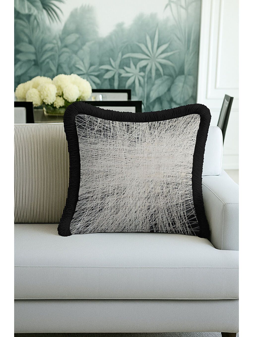 Karışık Modern Lüks Saçaklı Yastık Kılıfı - Minimalist Eklektik Siyah Gri Püsküllü Kırlent Kılıfı-1