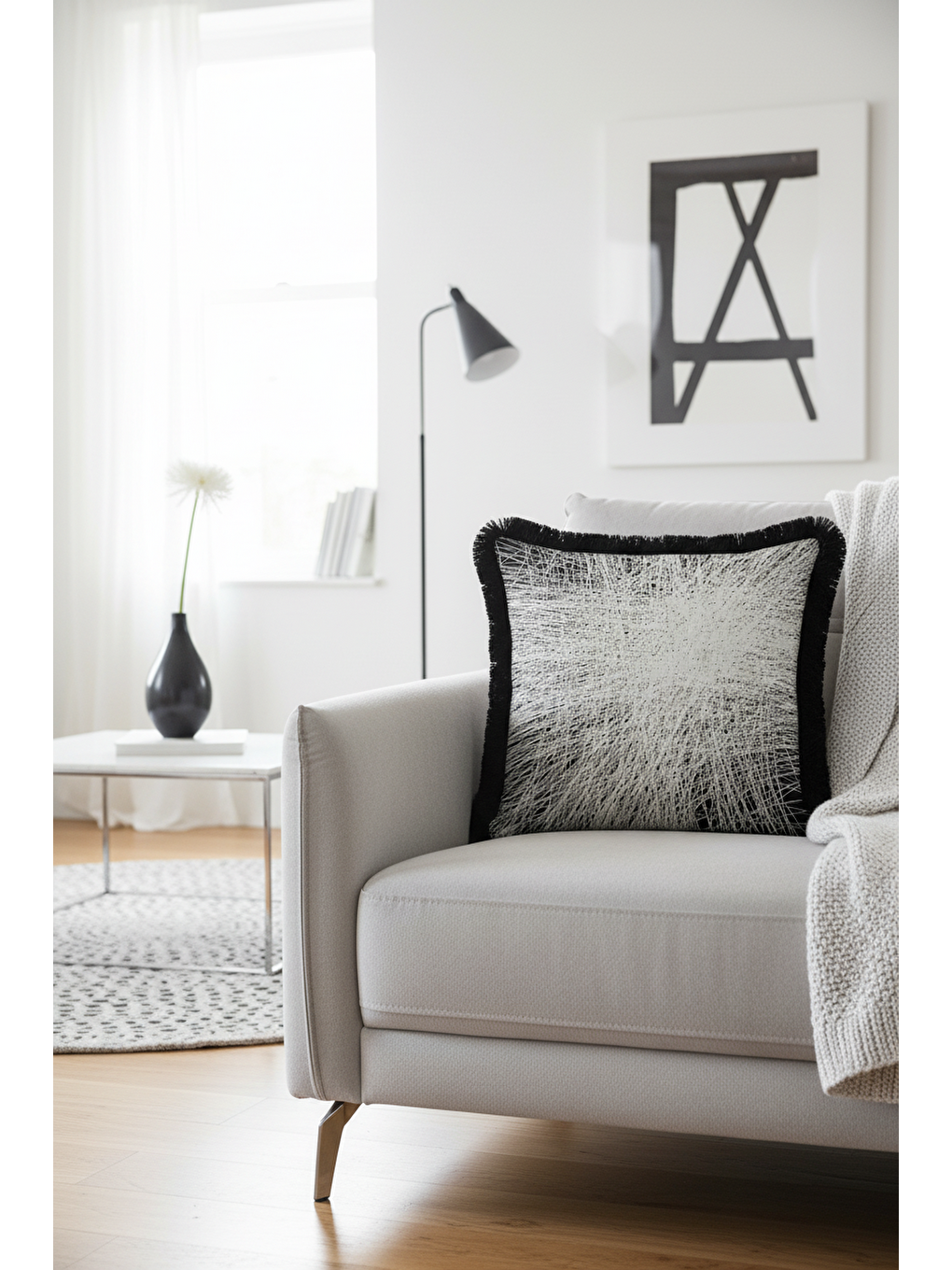 Karışık Modern Lüks Saçaklı Yastık Kılıfı - Minimalist Eklektik Siyah Gri Püsküllü Kırlent Kılıfı-2