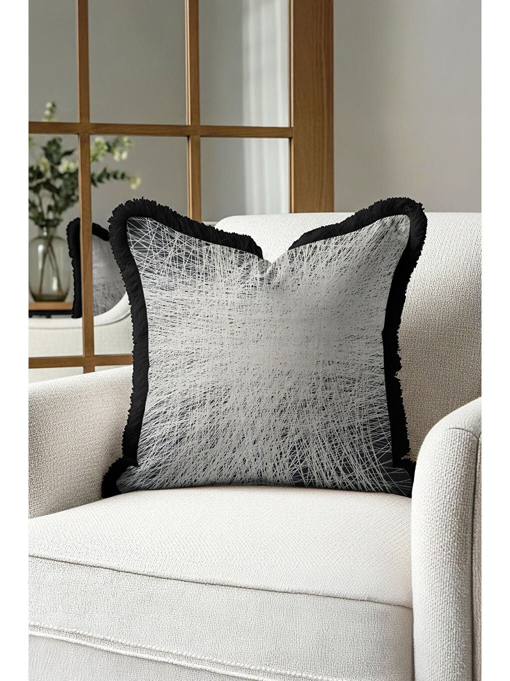 Karışık Modern Lüks Saçaklı Yastık Kılıfı - Minimalist Eklektik Siyah Gri Püsküllü Kırlent Kılıfı-3