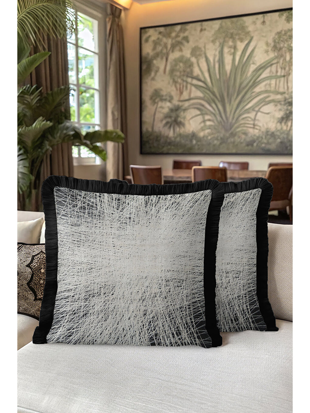 Karışık Modern Lüks Saçaklı Yastık Kılıfı - Minimalist Eklektik Siyah Gri Püsküllü Kırlent Kılıfı-5