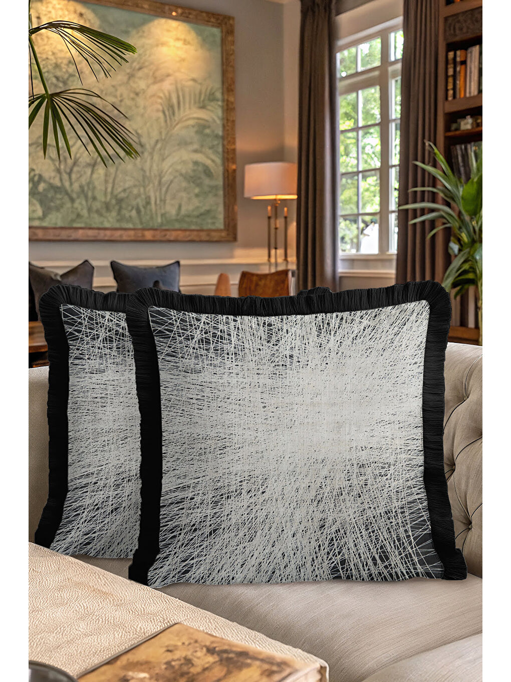 Karışık Modern Lüks Saçaklı Yastık Kılıfı - Minimalist Eklektik Siyah Gri Püsküllü Kırlent Kılıfı-7